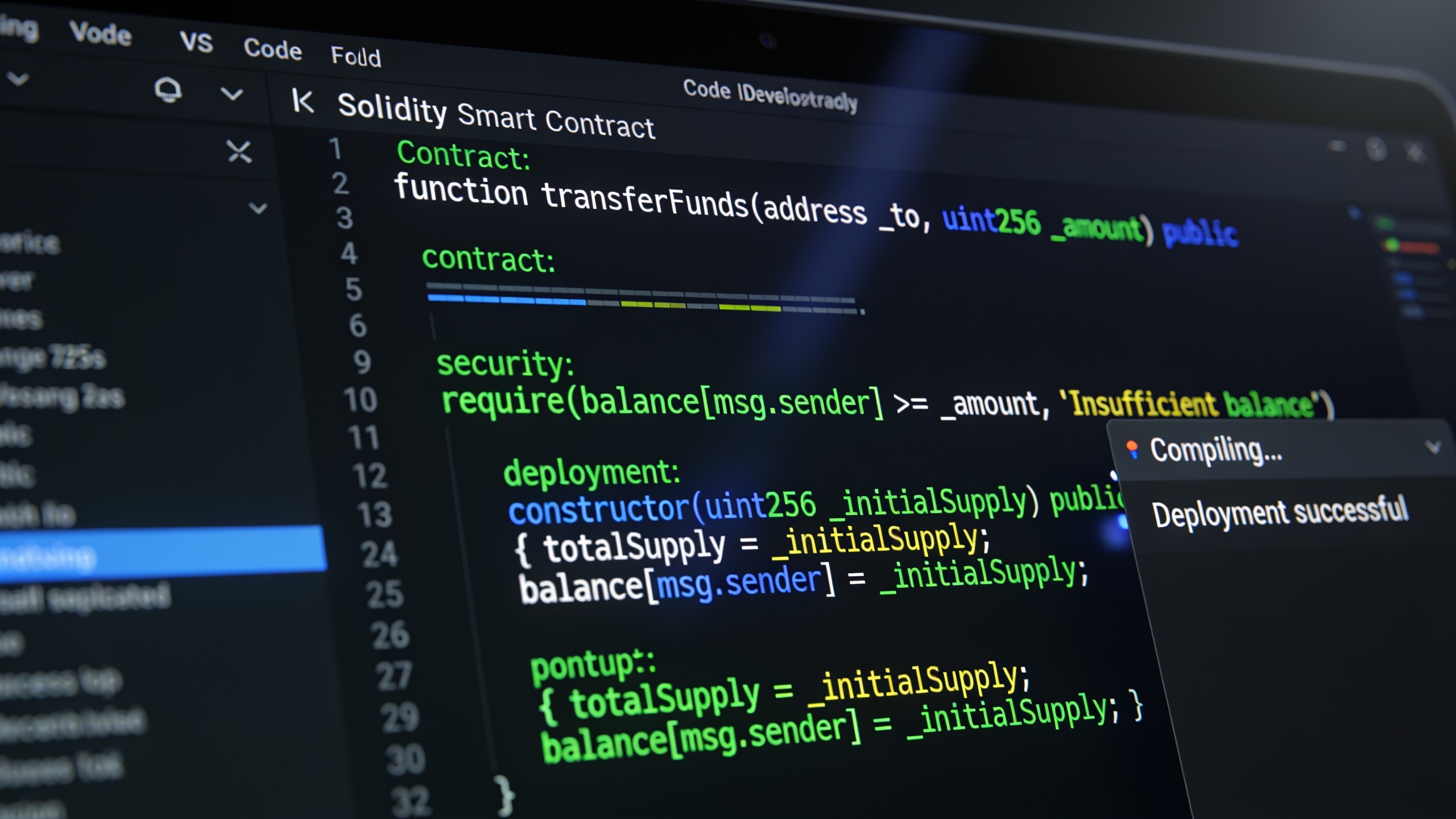 Smart contract code displayed in a code editor showing Solidity programming language with syntax highlighting