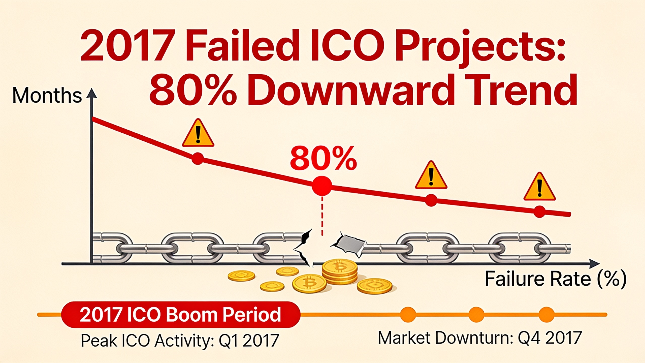 Chart illustrating the 80% failure rate of ICO projects from 2017, showing the collapse of the ICO model