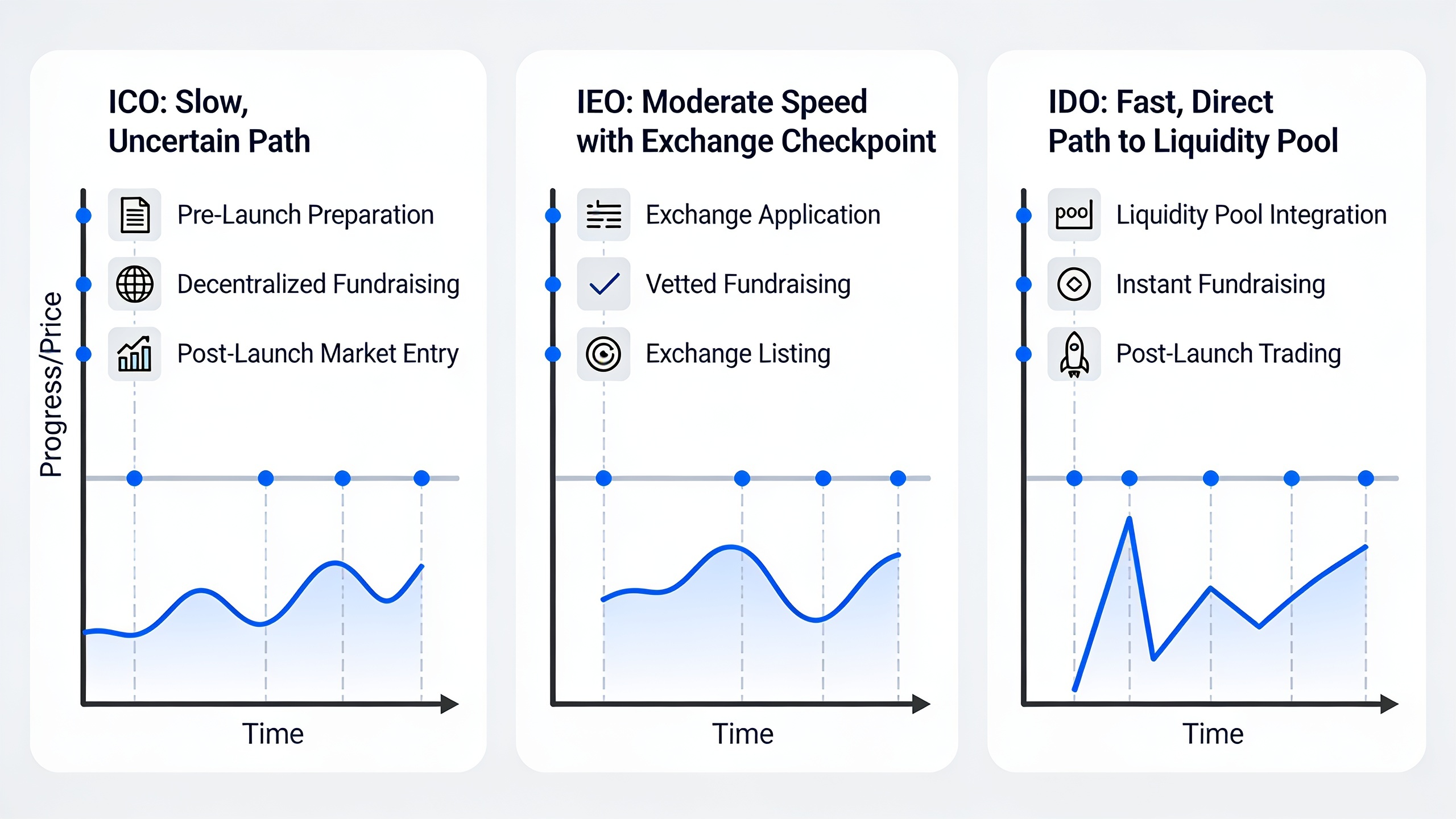 Timeline comparison showing the speed and volatility differences between ICO, IEO, and IDO token launches