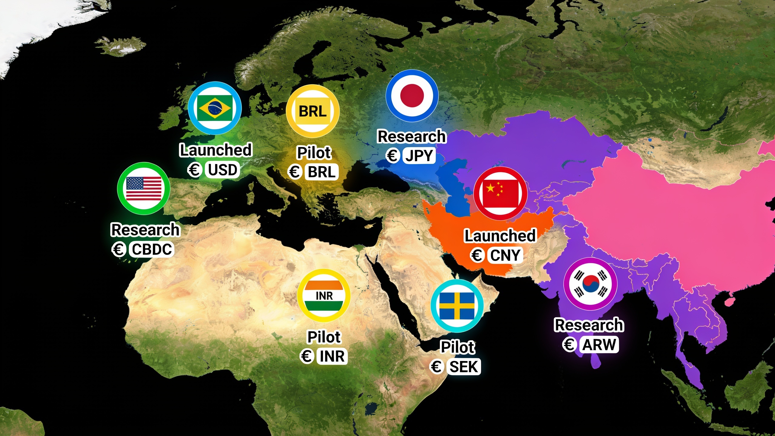 Global CBDC development map showing which countries have launched, piloted, or are researching central bank digital currencies