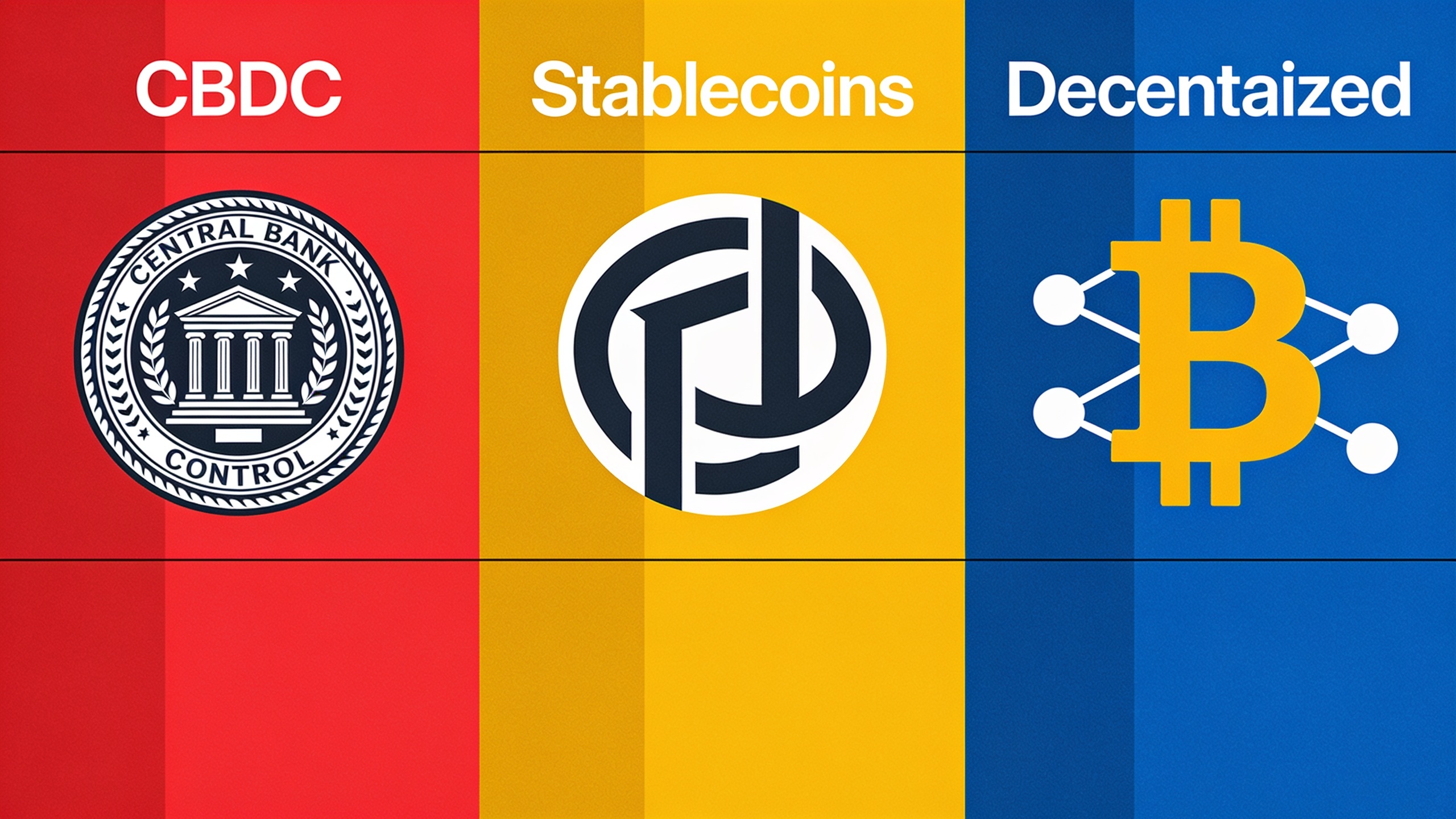 Comparison of three digital currency types showing structural differences between CBDCs, stablecoins, and decentralized cryptocurrencies
