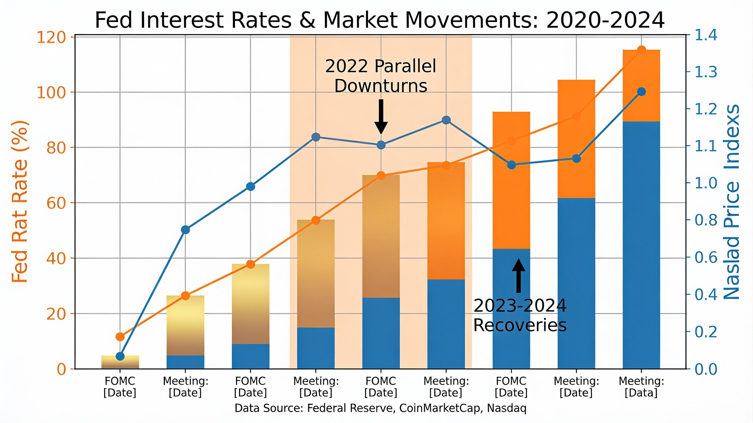 Timeline showing Federal Reserve interest rate changes from 2020-2024 with corresponding Bitcoin and Nasdaq price movements