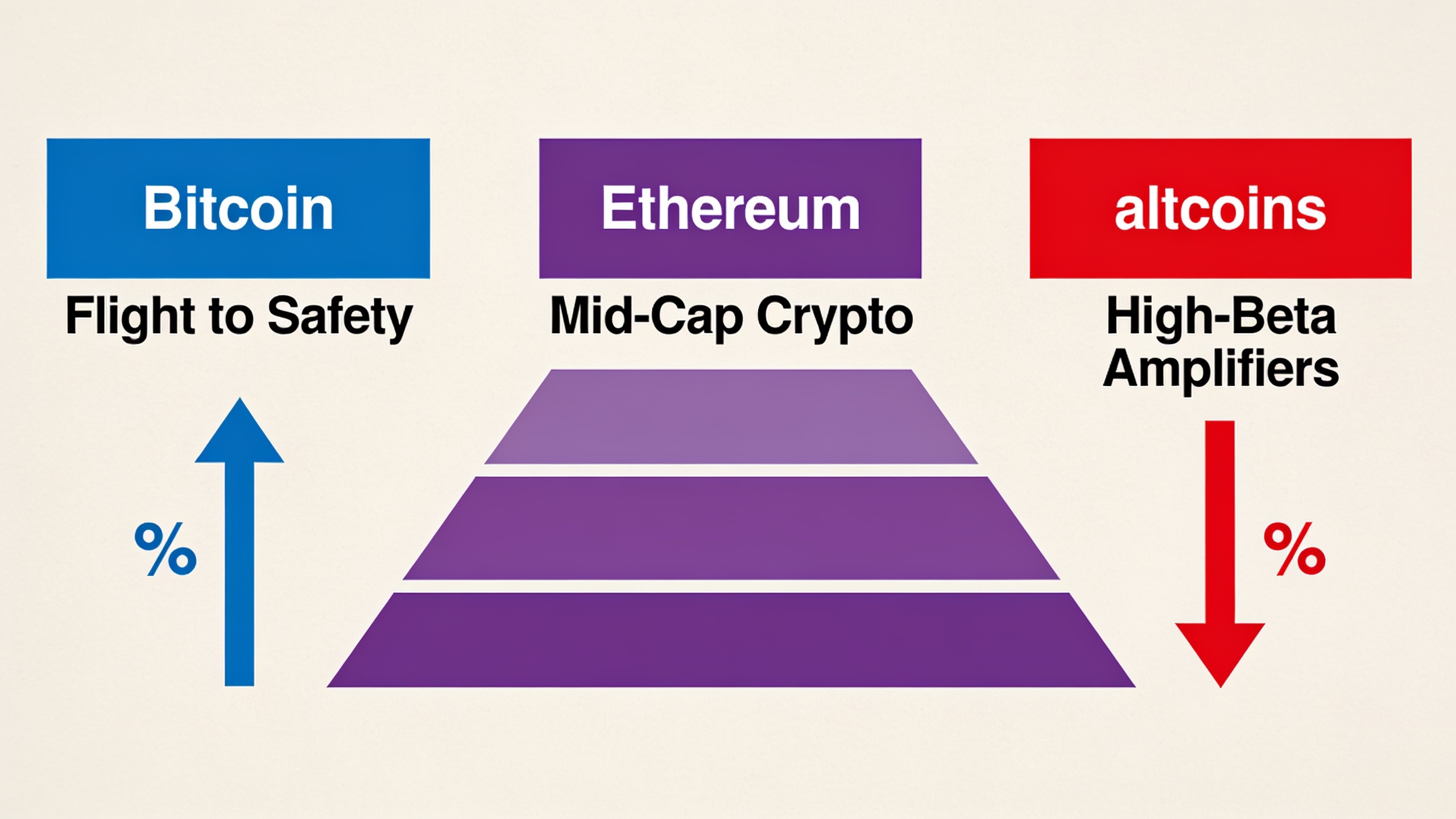 Hierarchy showing Bitcoin as flight-to-safety asset, Ethereum as mid-tier, and altcoins as high-volatility amplifiers during market cycles