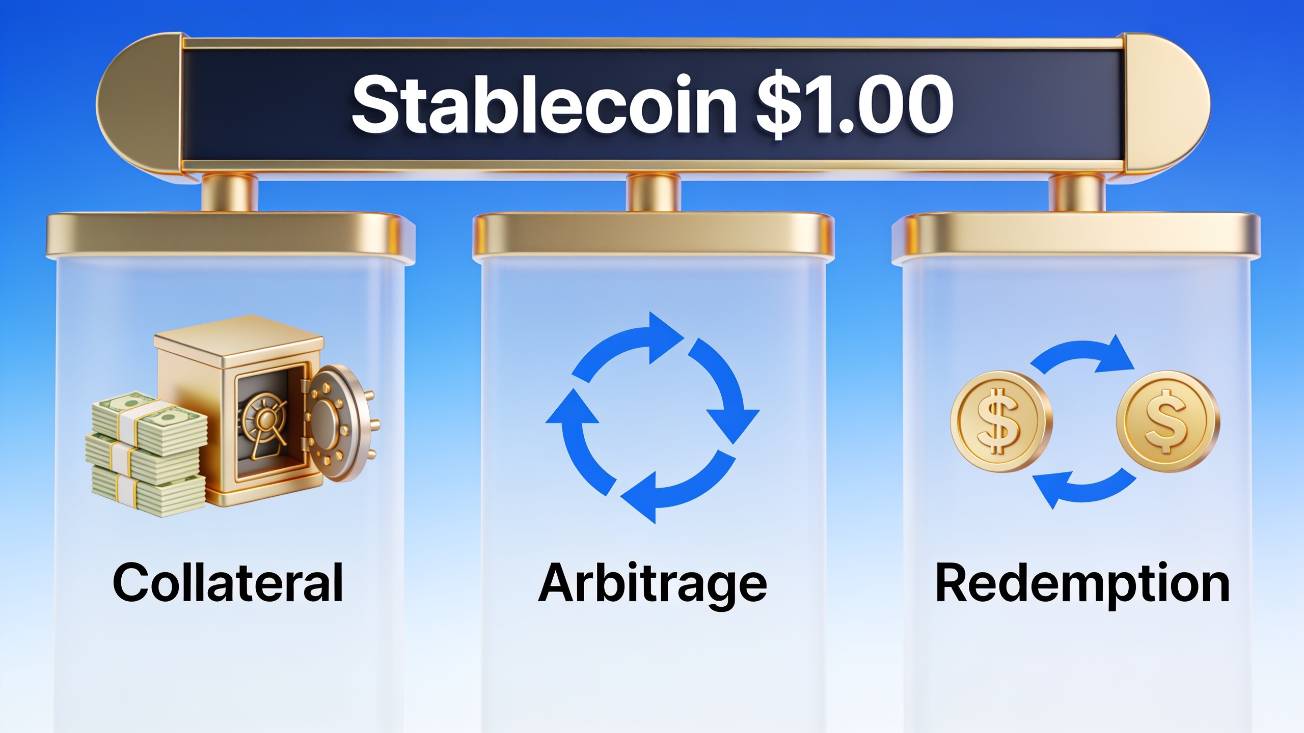 Three pillars of stablecoin stability: collateral reserves, arbitrage mechanisms, and redemption processes