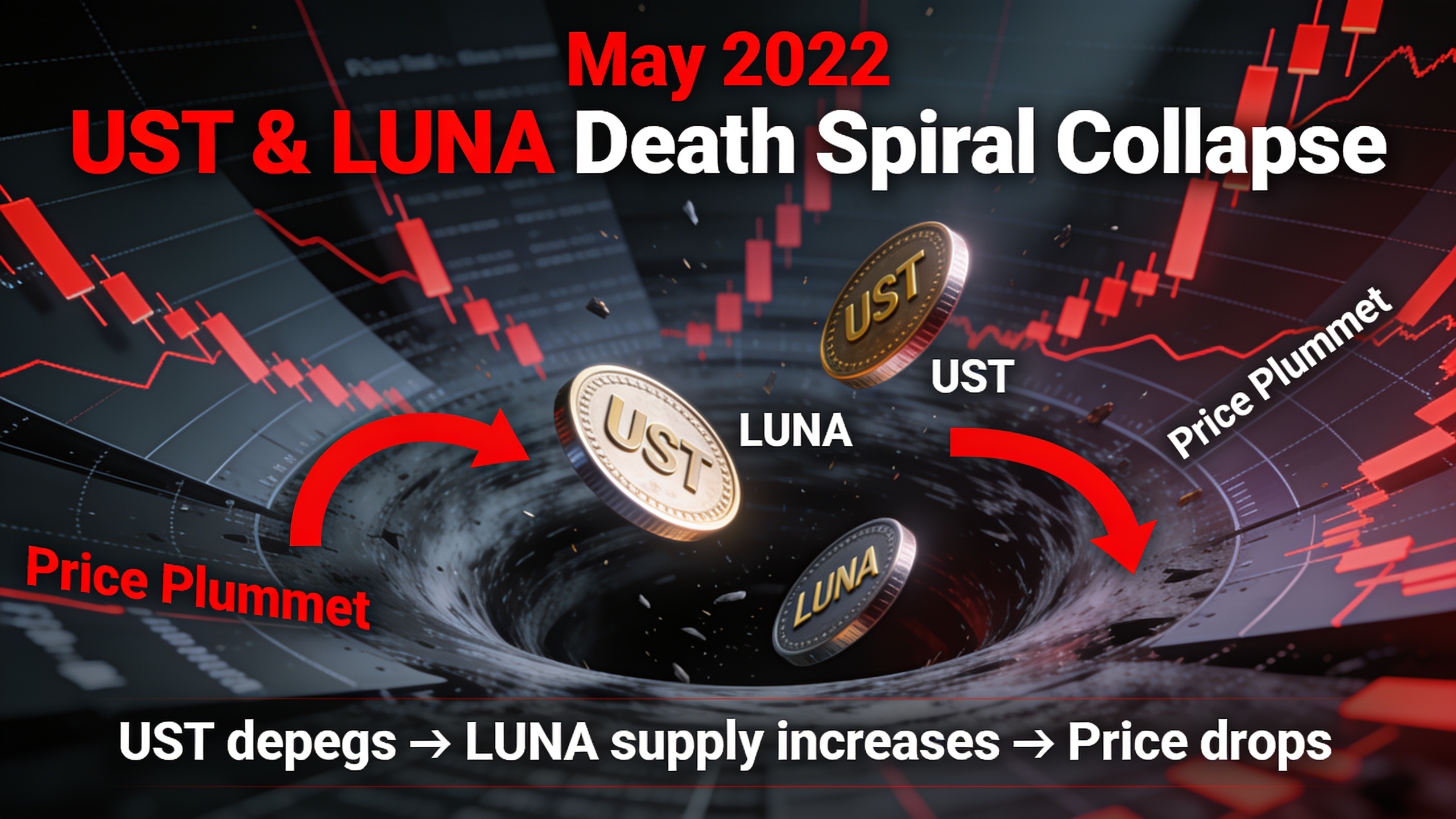 Terra UST and LUNA death spiral collapse visualization showing algorithmic stablecoin failure mechanism