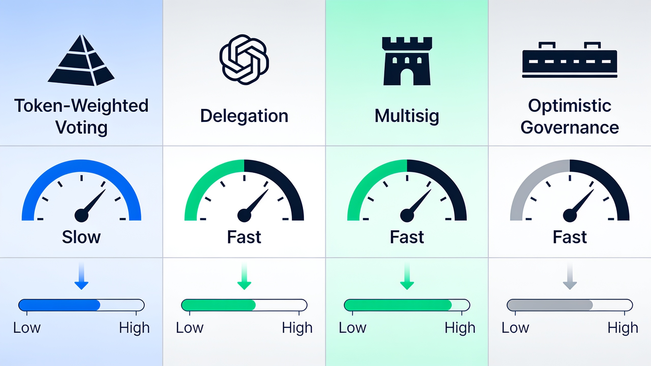 Visual comparison of four DAO governance models showing their characteristics, speed, and decentralization trade-offs