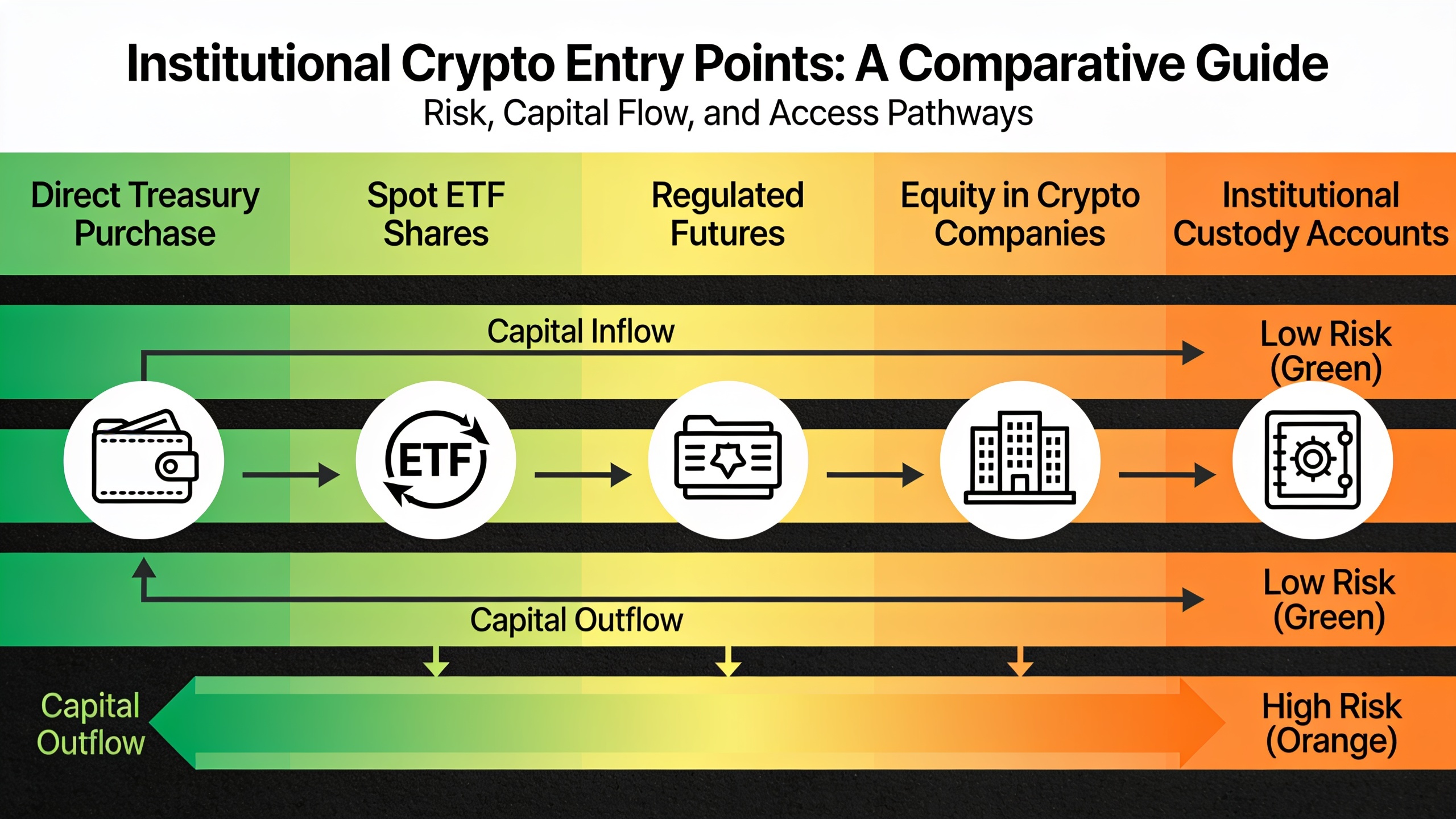Institutional entry points to crypto showing five different pathways: direct treasury, spot ETFs, futures, equity positions, and custody accounts with their respective characteristics