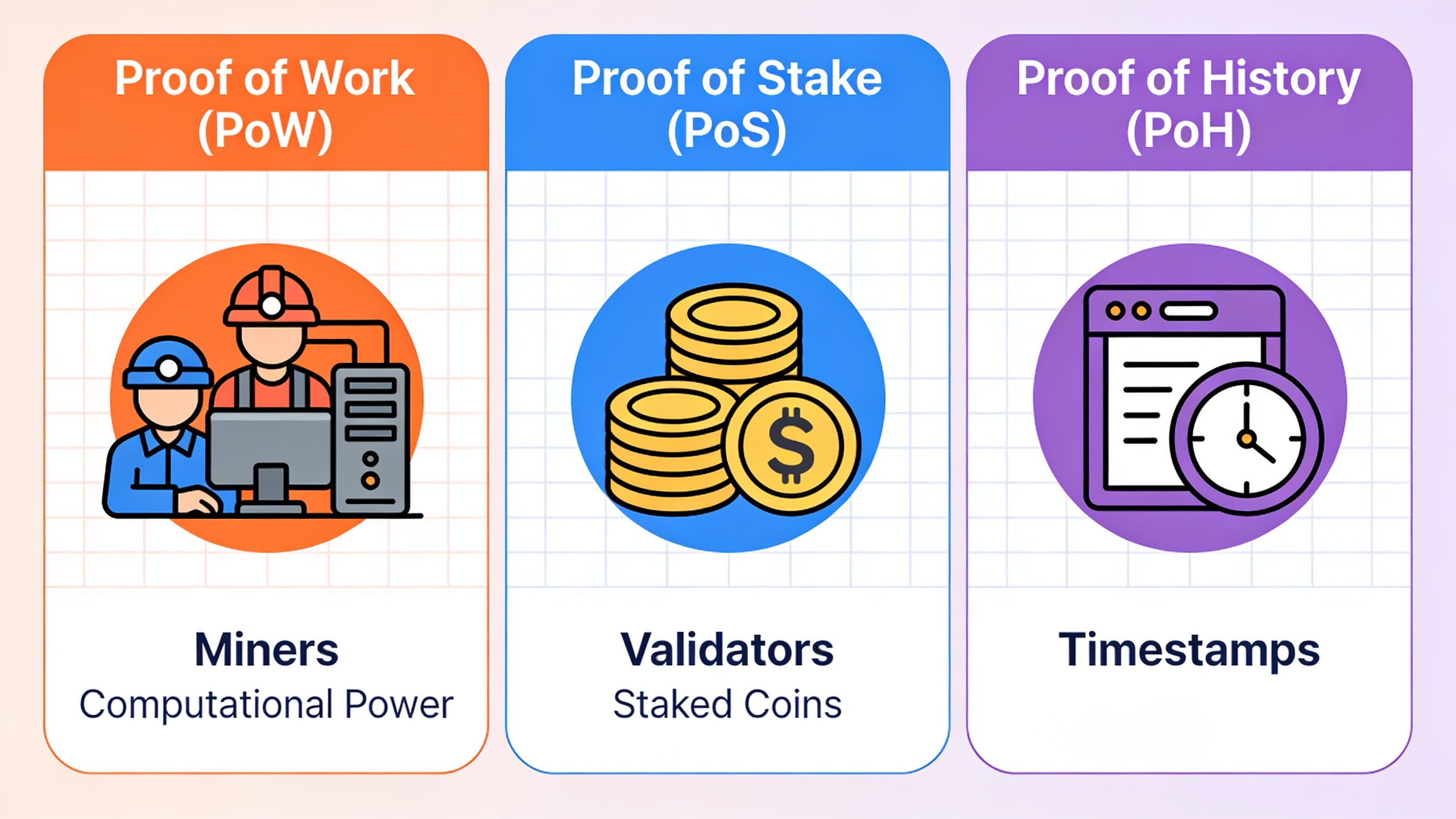 Visual comparison of three major blockchain consensus mechanisms: Proof of Work, Proof of Stake, and Proof of History