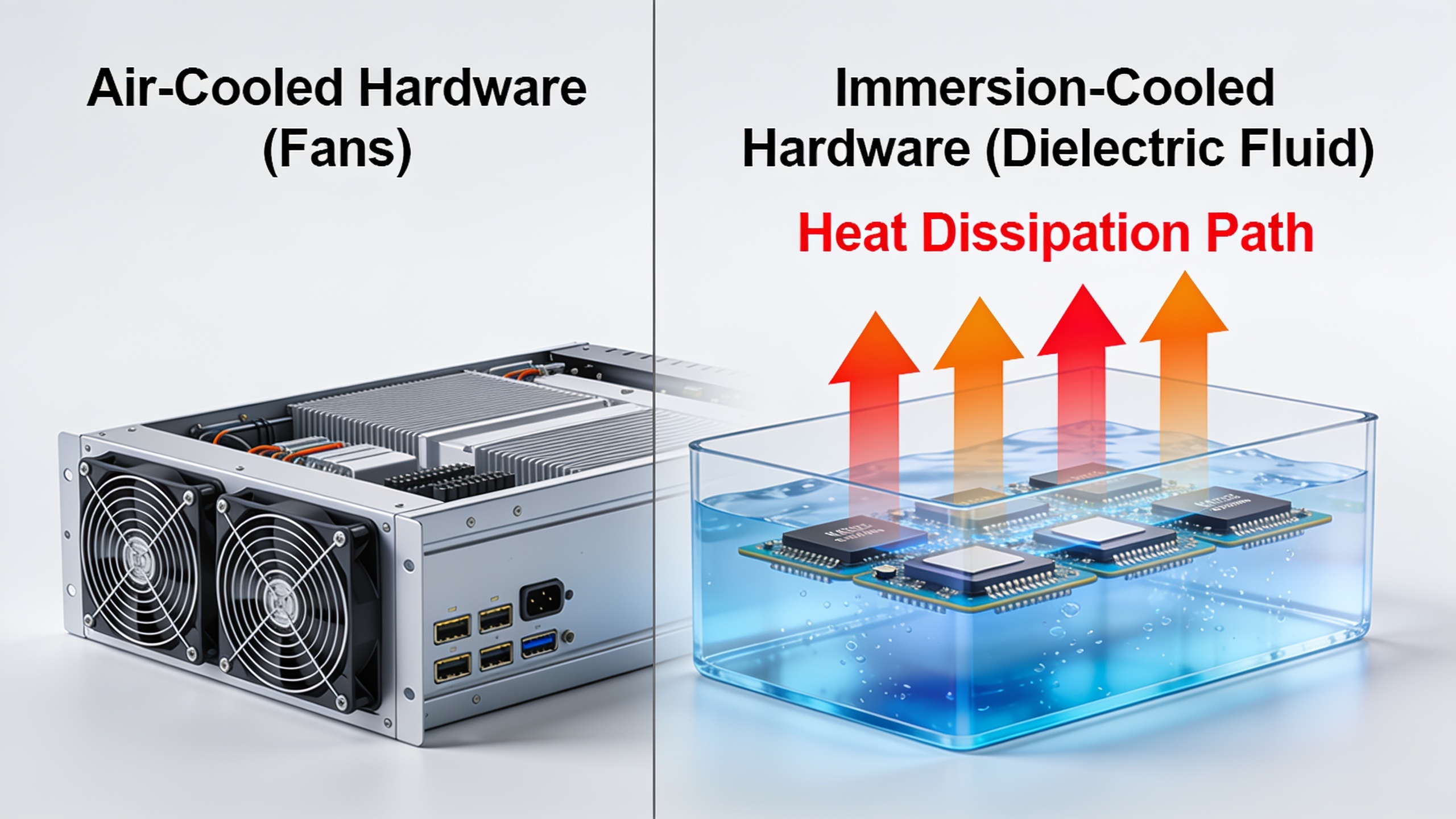 Technical diagram comparing immersion cooling versus traditional air cooling for Bitcoin mining hardware