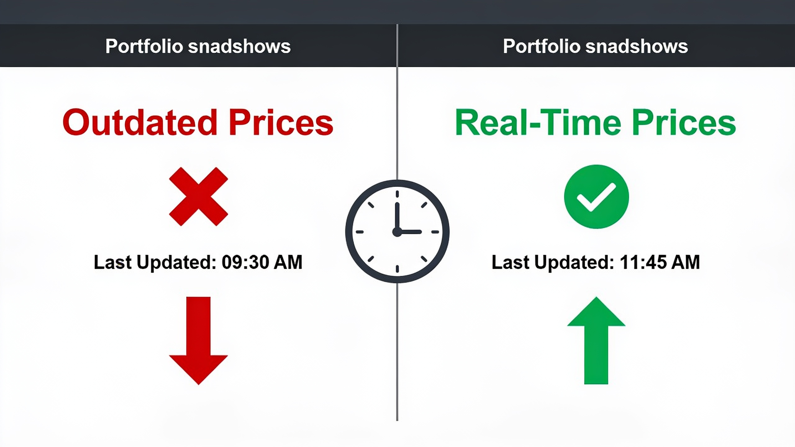 Comparison infographic of delayed versus real-time portfolio price updates showing the importance of data refresh speed