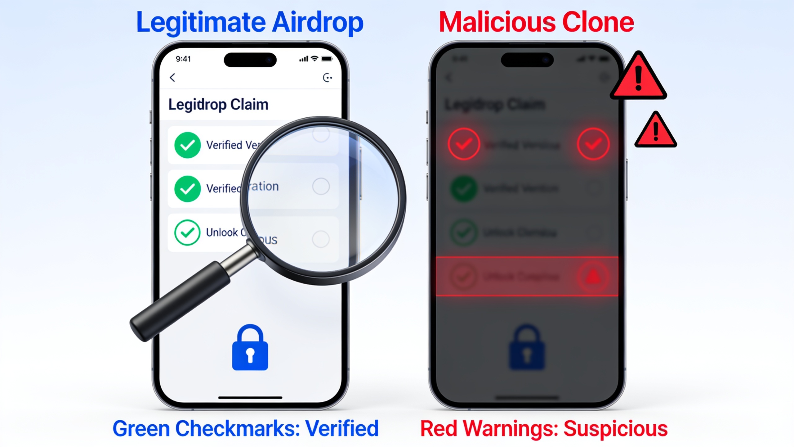 Side-by-side comparison of legitimate versus malicious airdrop claim interfaces showing how scammers clone real platforms