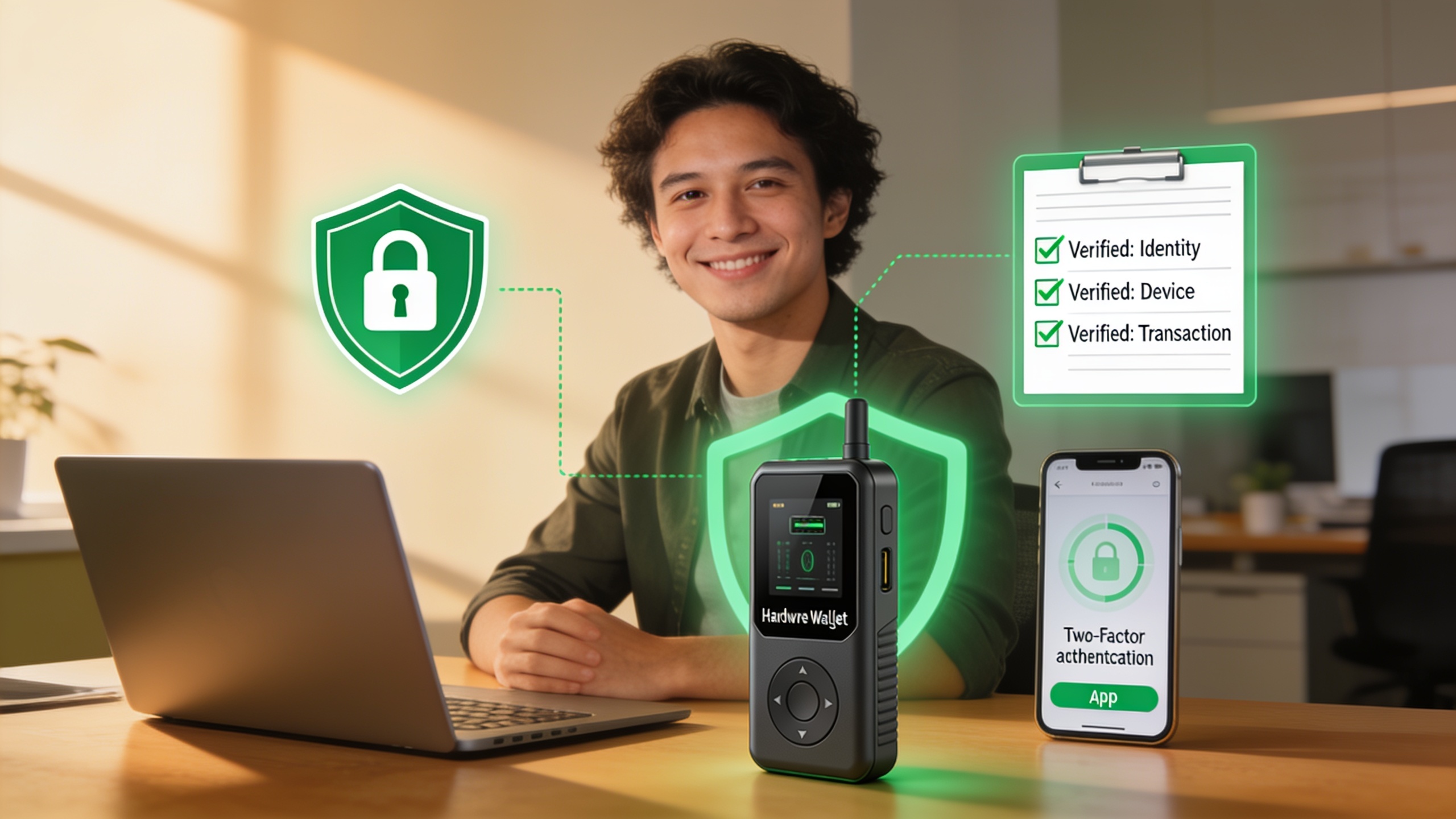 Person using hardware wallet and security tools including two-factor authentication and verification checklist for crypto protection