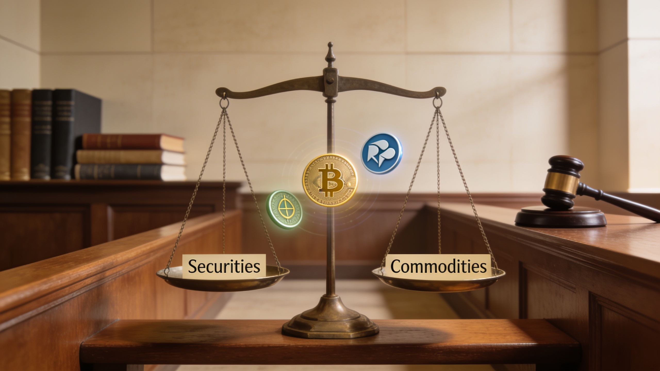 Legal scales balancing cryptocurrency classification between securities and commodities in regulatory framework
