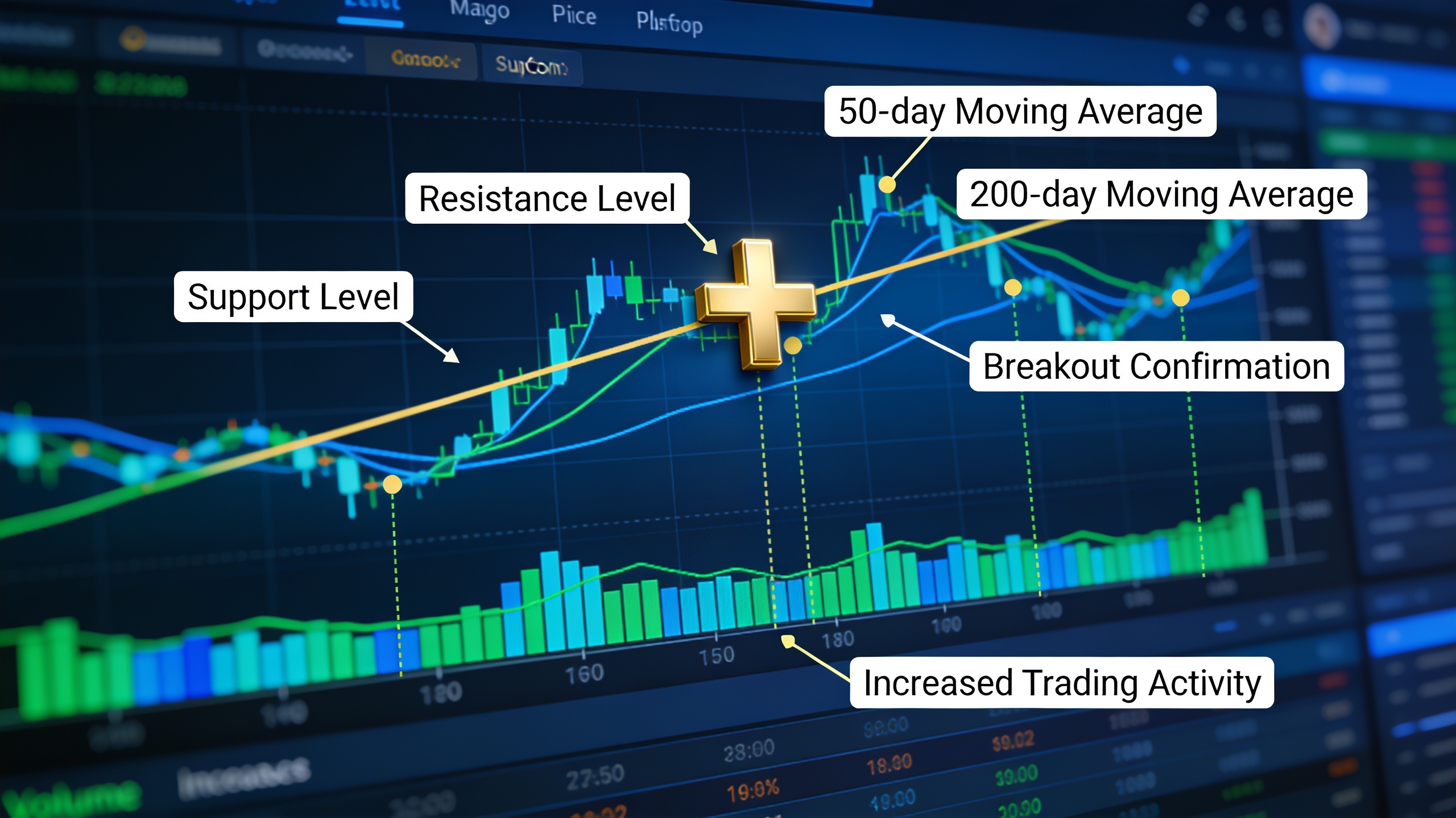Bitcoin technical analysis chart displaying resistance breakout, moving average golden cross, and volume confirmation signals