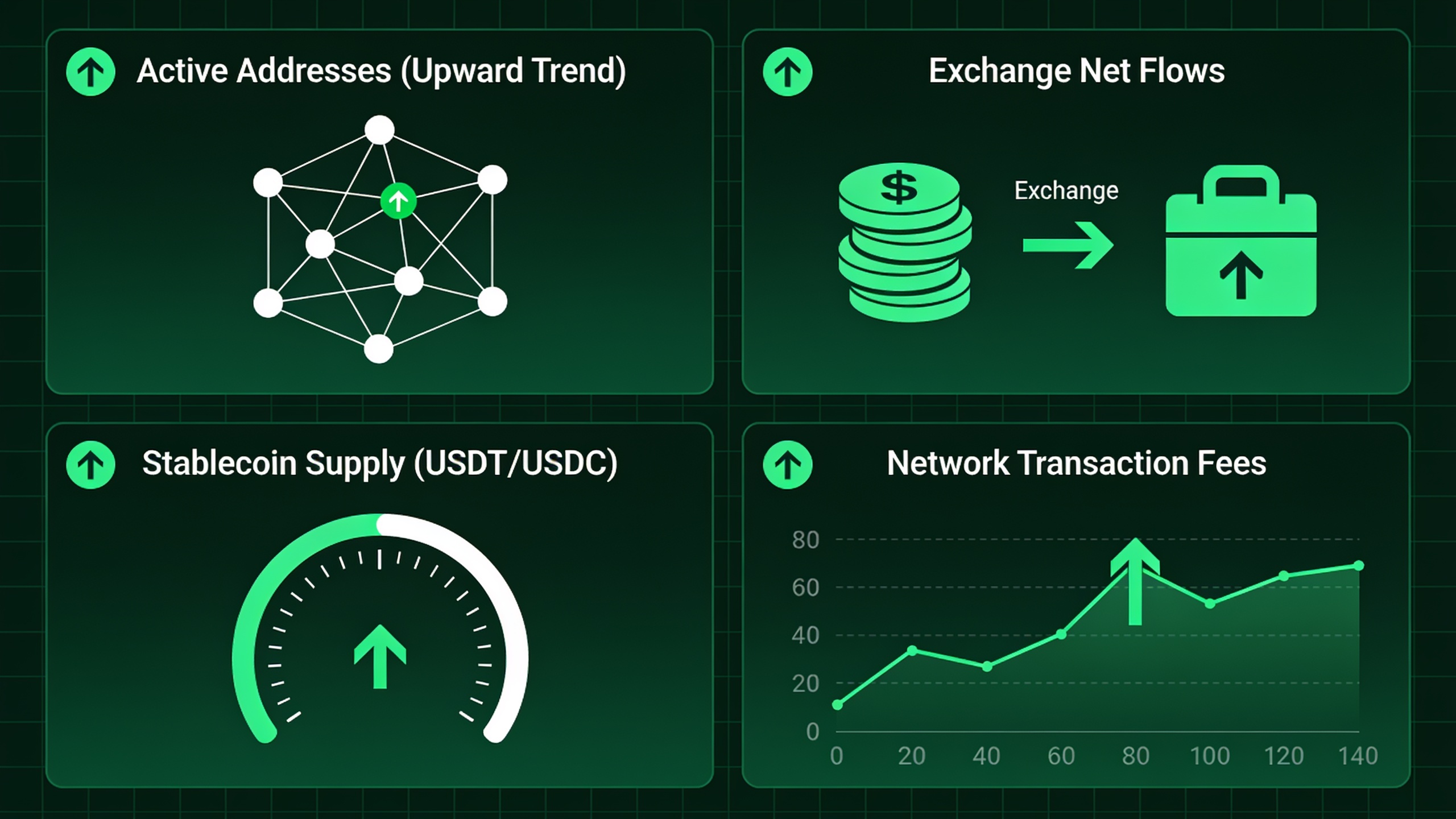 On-chain activity metrics dashboard displaying active addresses, exchange flows, stablecoin supply, and network fees during bull market