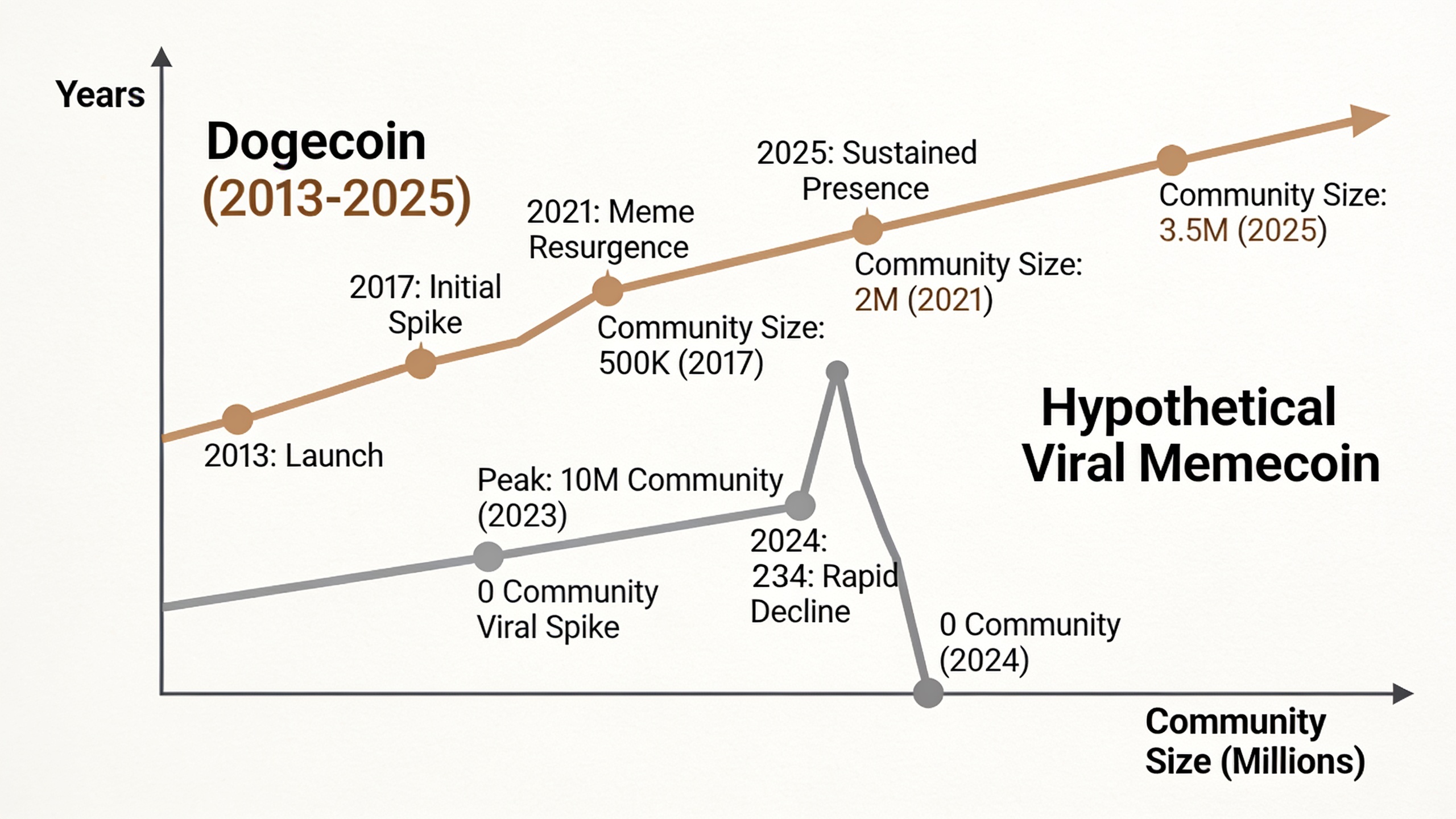 Timeline comparison showing Dogecoin's sustained 12-year community engagement versus a typical short-lived memecoin hype cycle