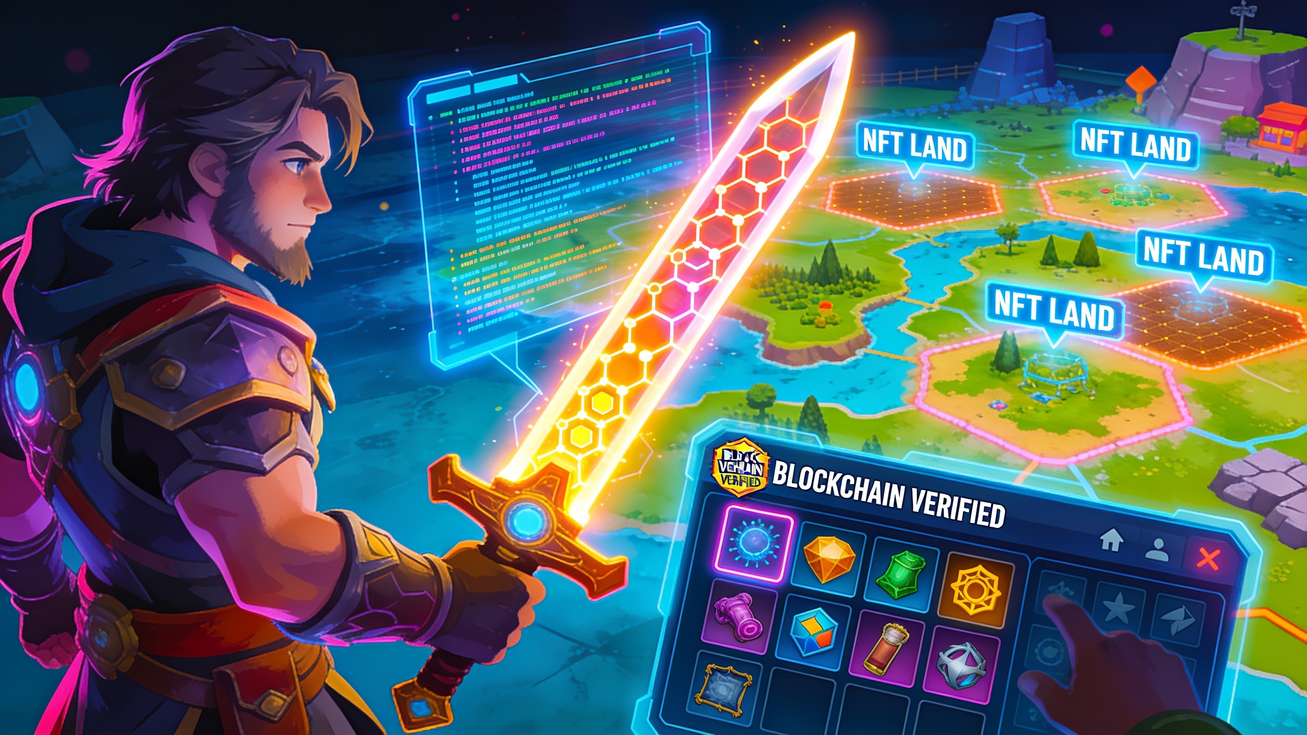 Gaming NFTs in action showing in-game items, characters, and land with blockchain verification in a fantasy RPG environment