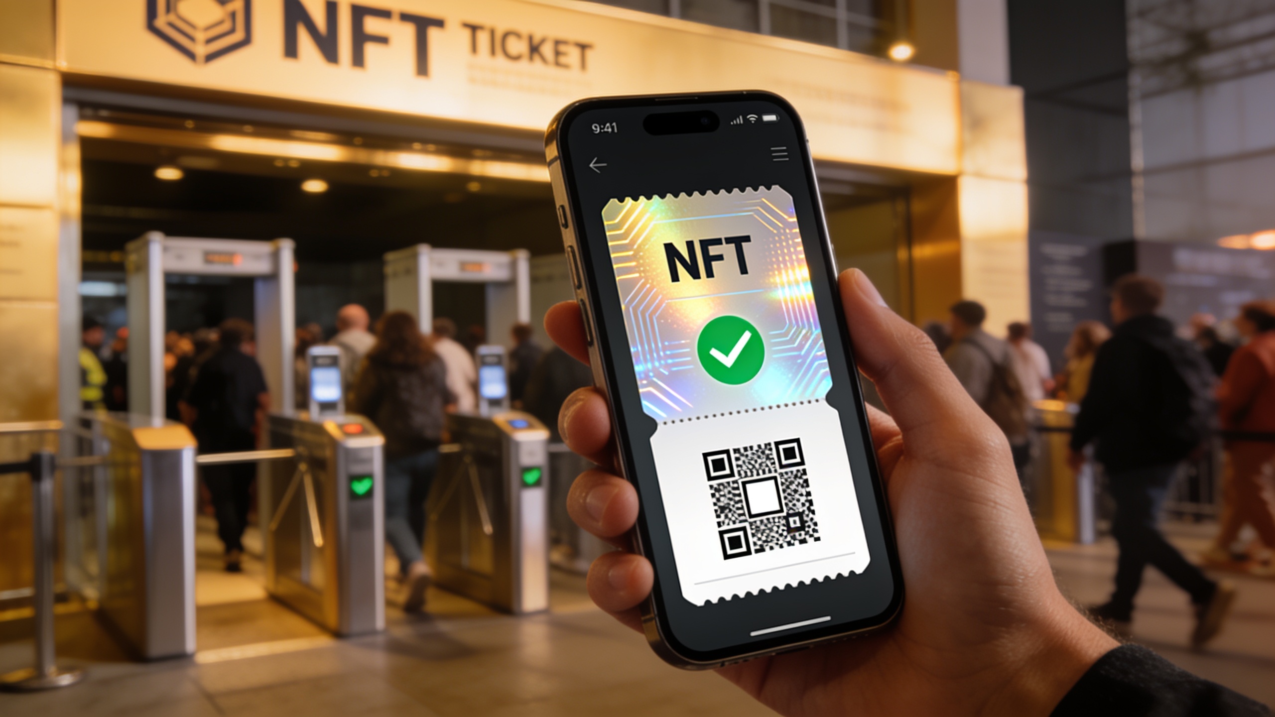 NFT event ticketing system displayed on smartphone with blockchain verification, showing digital ticket and venue entry integration