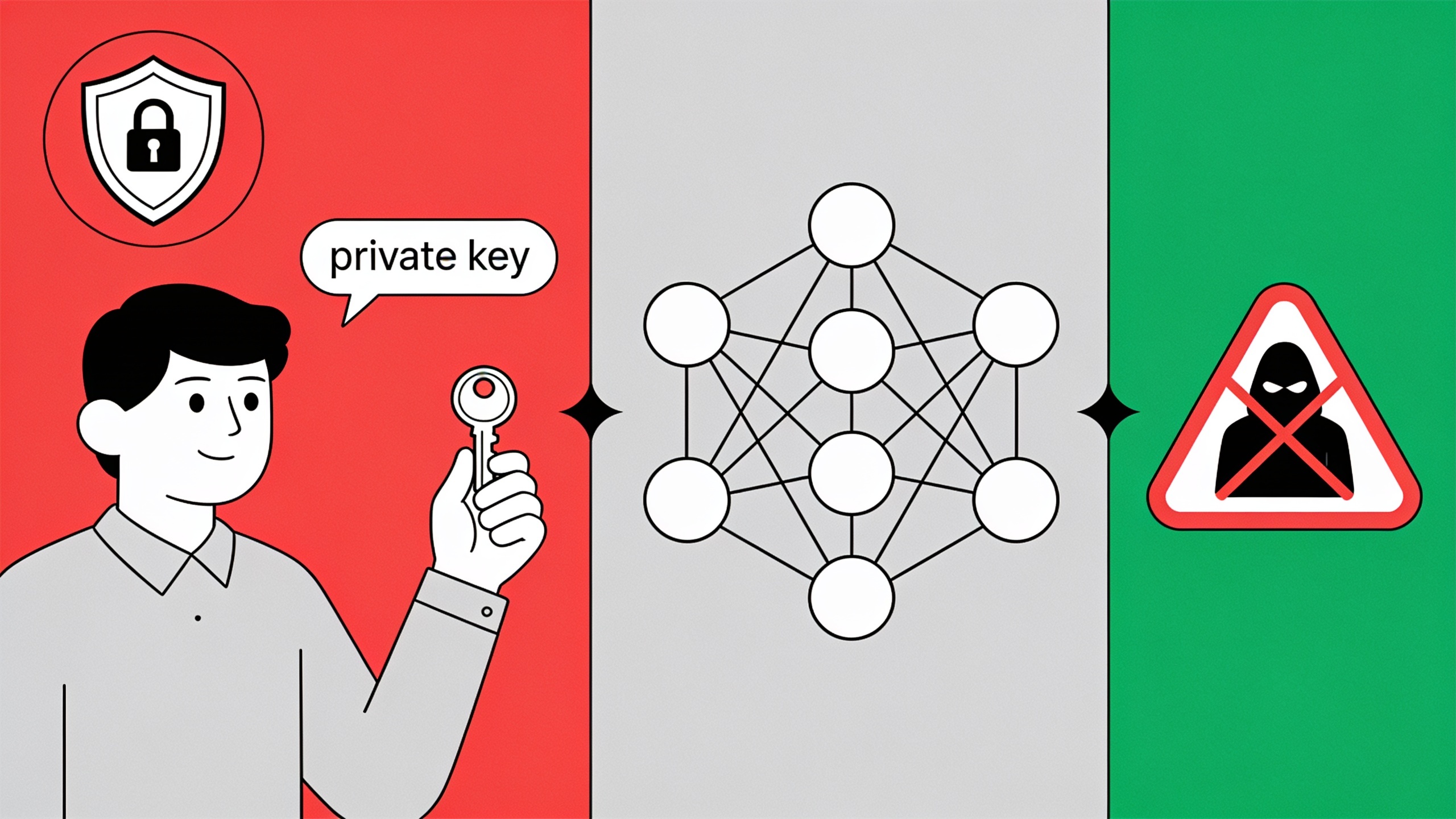 Infographic explaining private key control and blockchain security concepts with visual representation of keys, blockchain network, and security threats