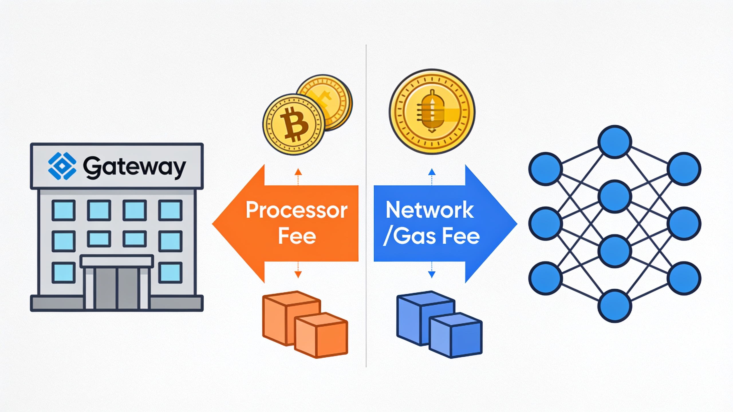 Diagram illustrating the difference between processor fees and blockchain network fees in crypto payments