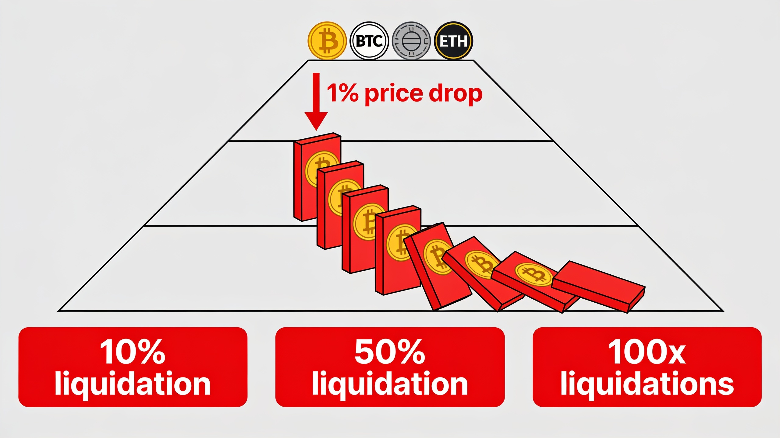Infographic showing how leverage and liquidation cascades amplify crypto market losses