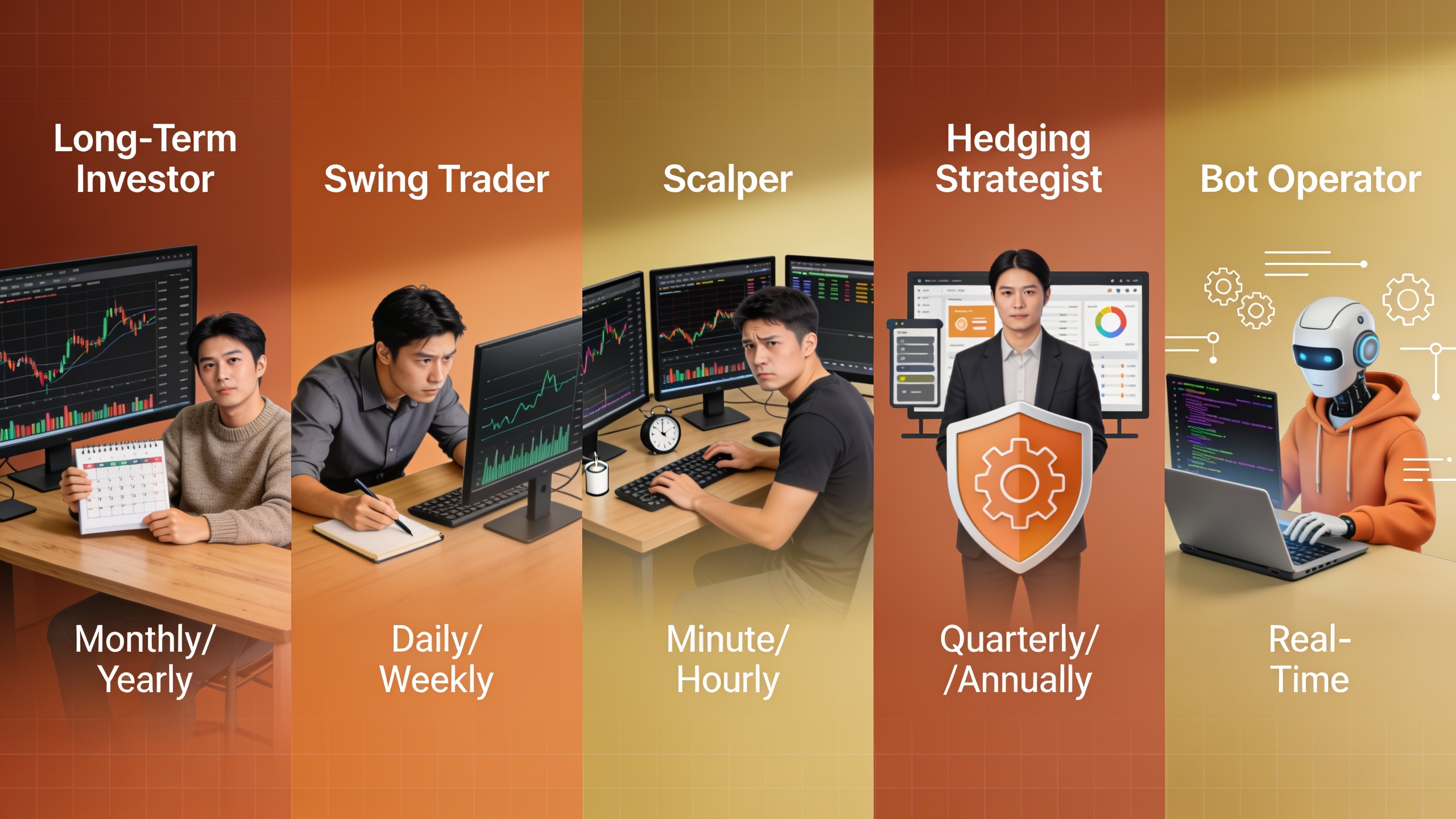 Visual comparison of five crypto trading strategies showing different trader types and their time commitments