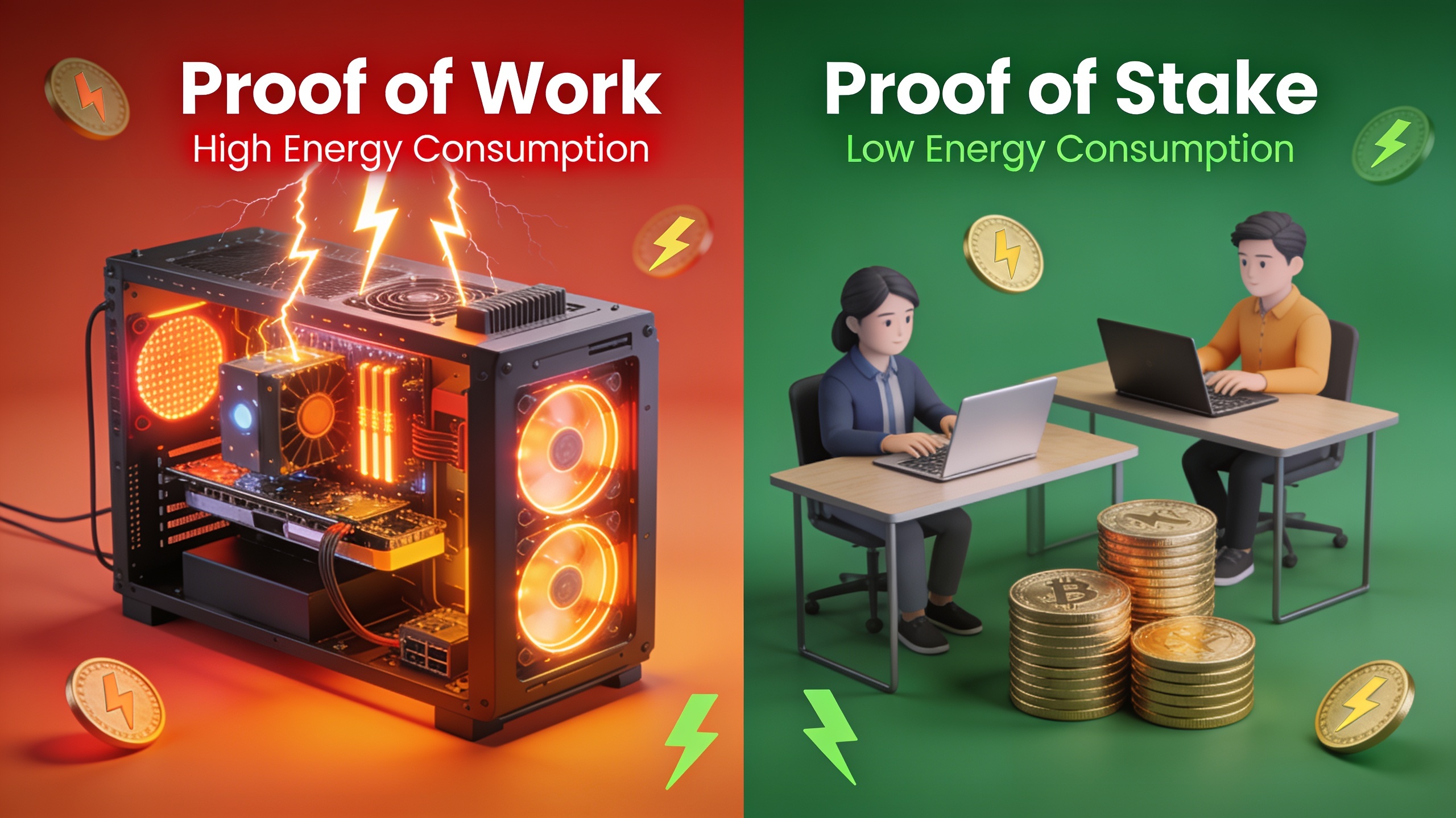 Comparison of Proof of Work mining versus Proof of Stake validation methods showing energy consumption differences