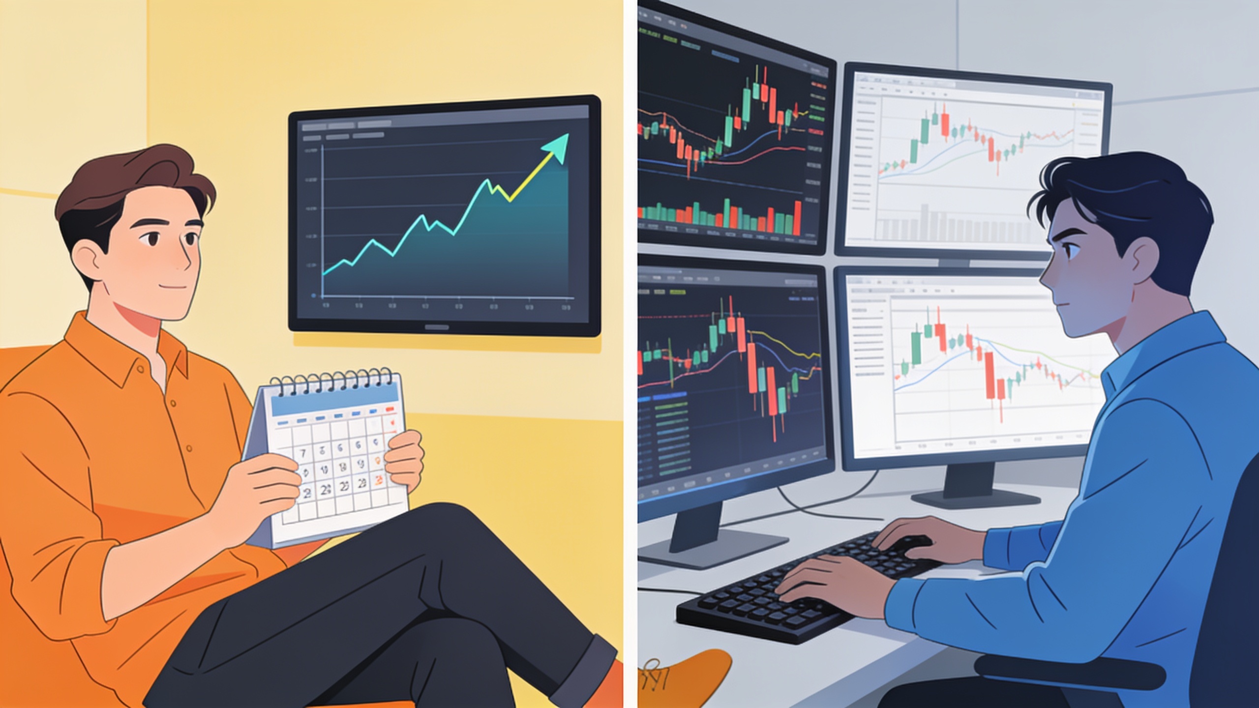 Comparison illustration of casual long-term investor versus active day trader showing different trading frequencies and needs