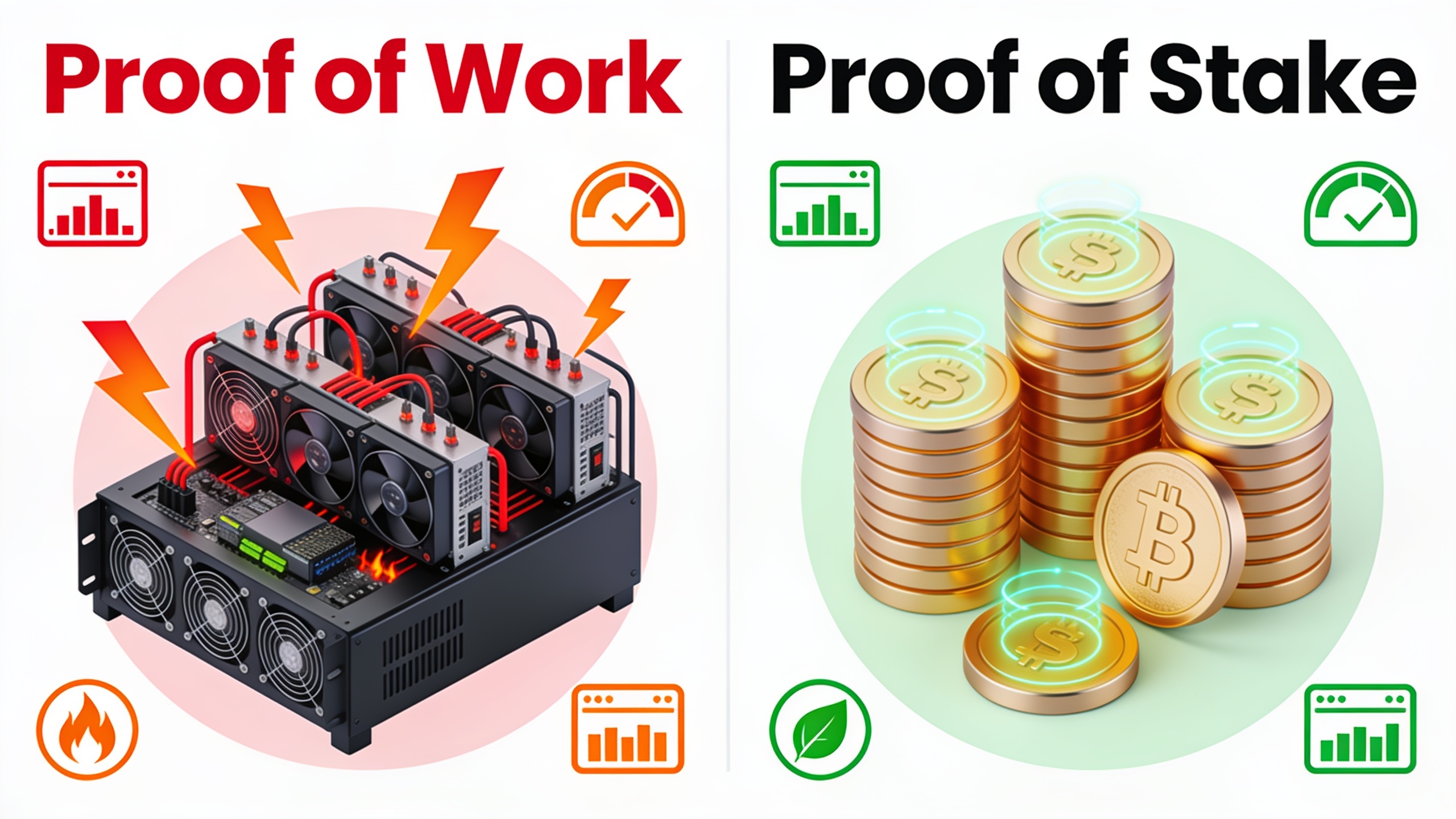 Comparison chart showing Proof of Work energy consumption versus Proof of Stake efficiency, highlighting the 99.95% energy reduction from Ethereum's transition