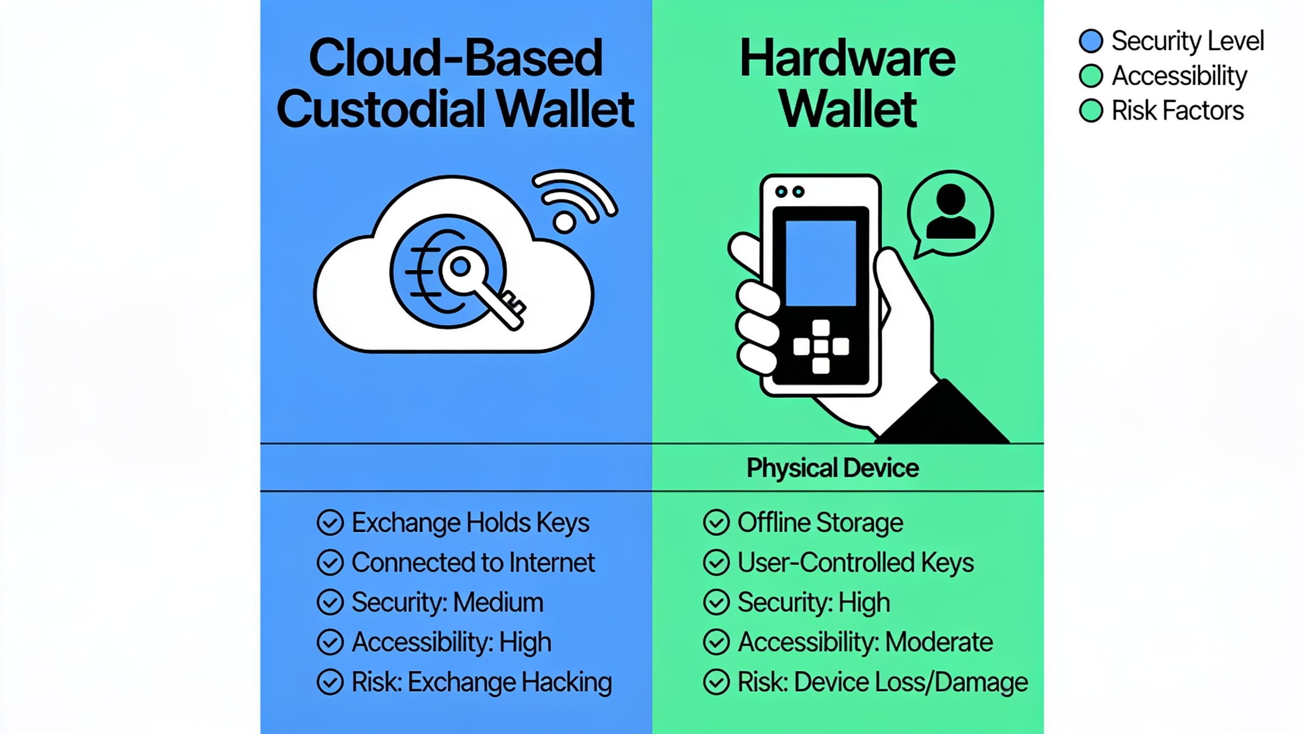 Comparison infographic of custodial wallet versus non-custodial hardware wallet security and control
