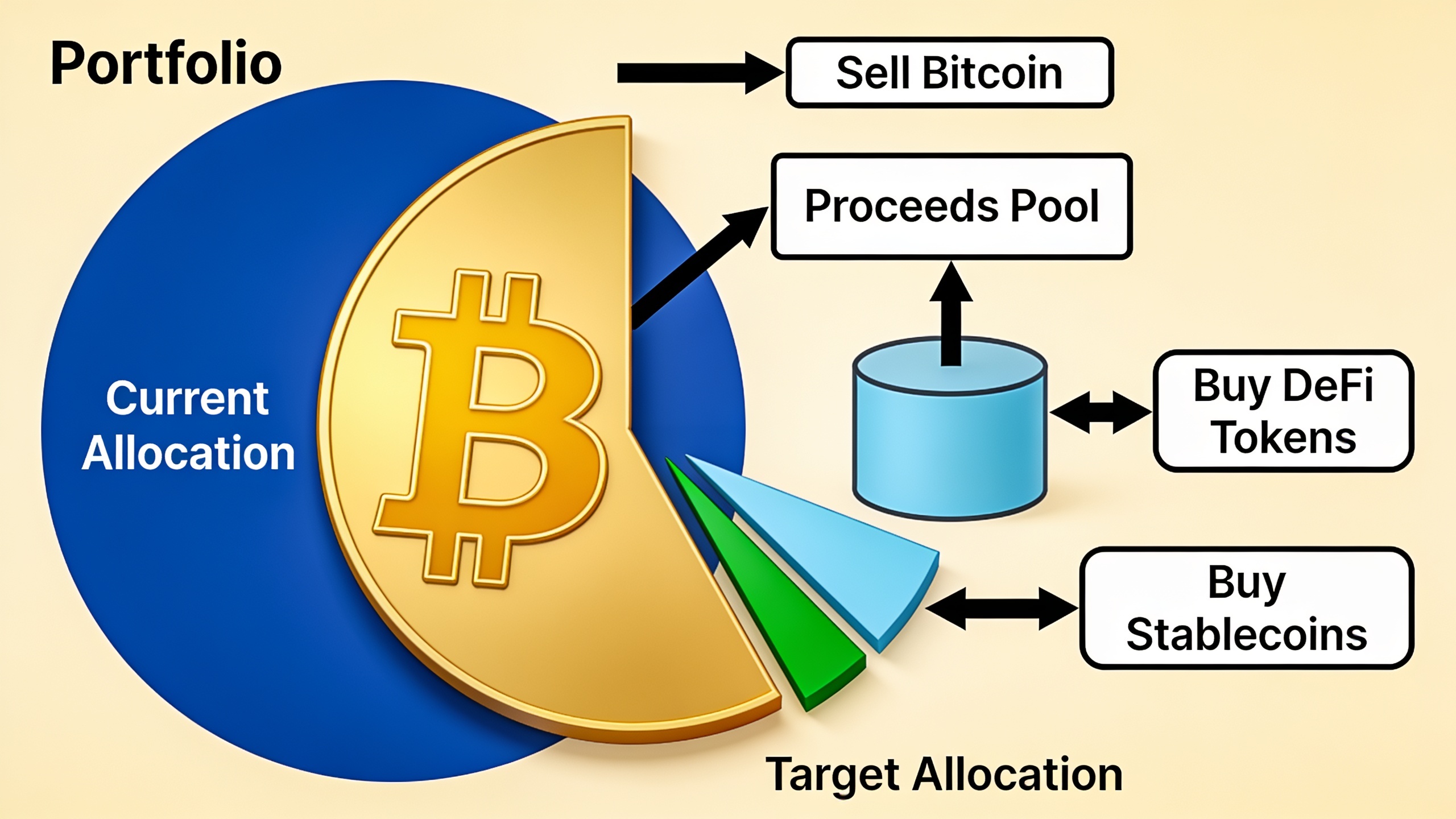 Portfolio rebalancing process showing how to trim overweight assets and reinvest into underweight positions to maintain target allocations