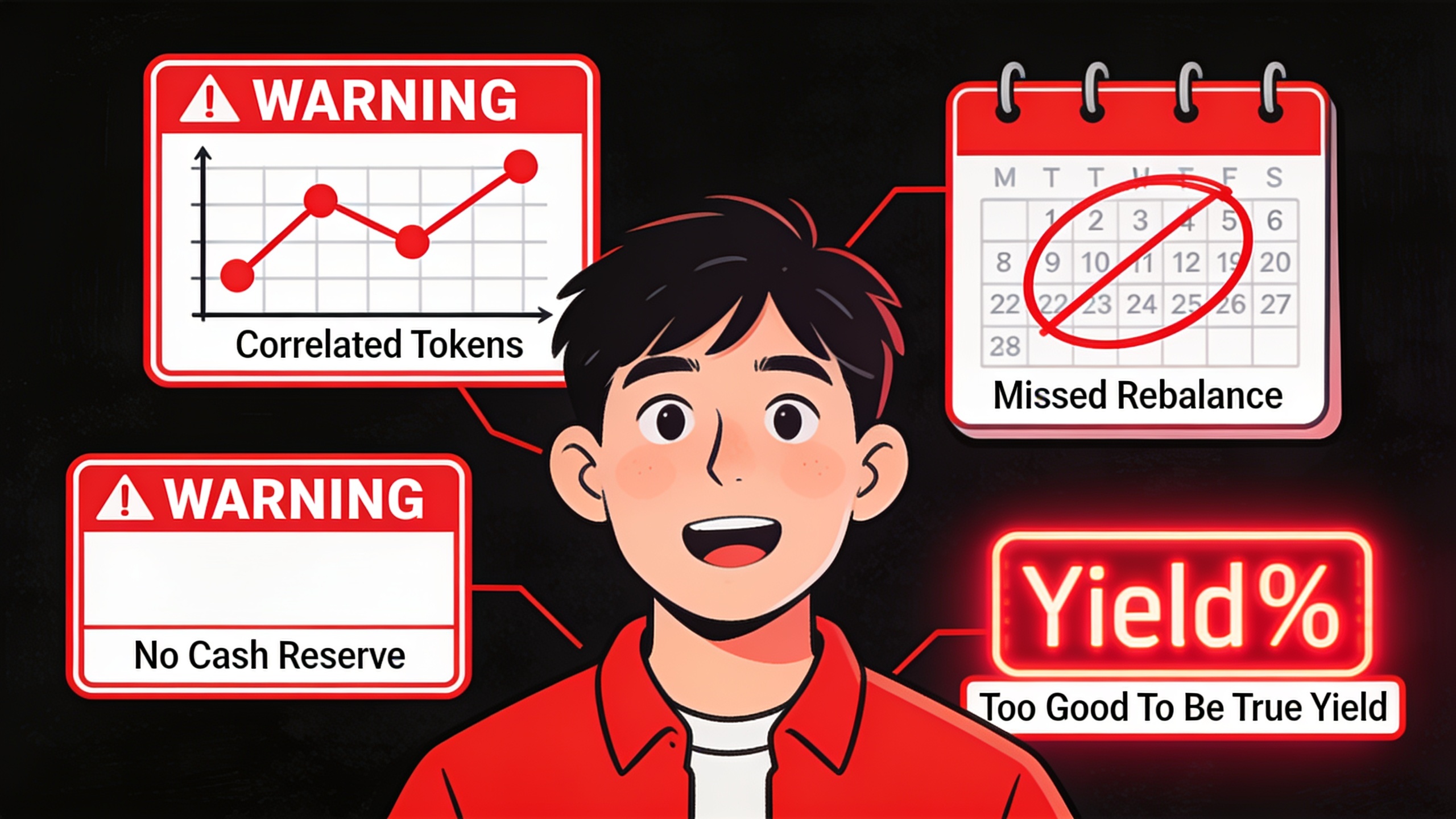 Common crypto portfolio mistakes including fake diversification, missed rebalancing, insufficient stablecoins, and unsustainable yield chasing