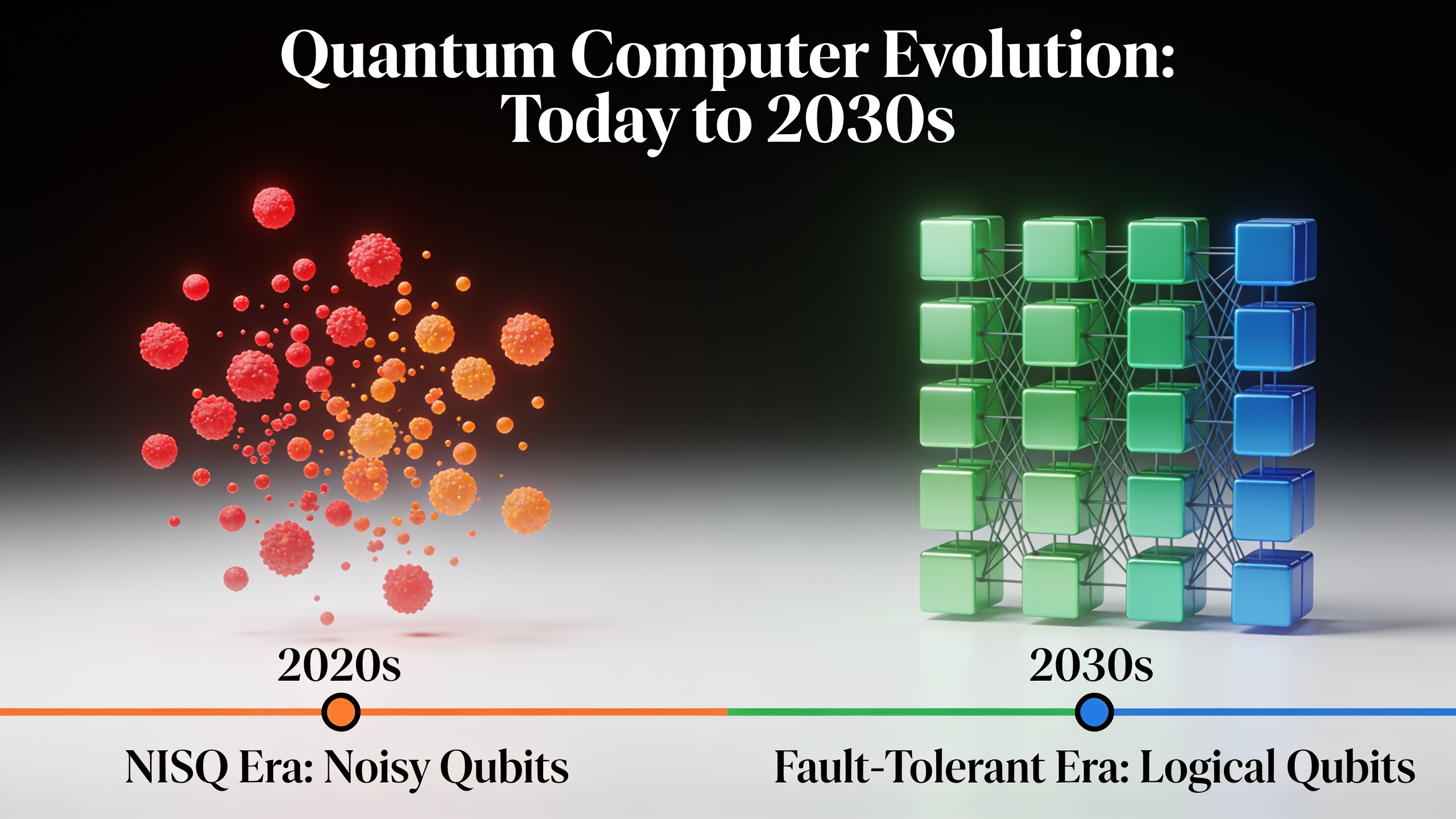 Timeline comparison of quantum computer development from noisy NISQ era to fault-tolerant quantum computers