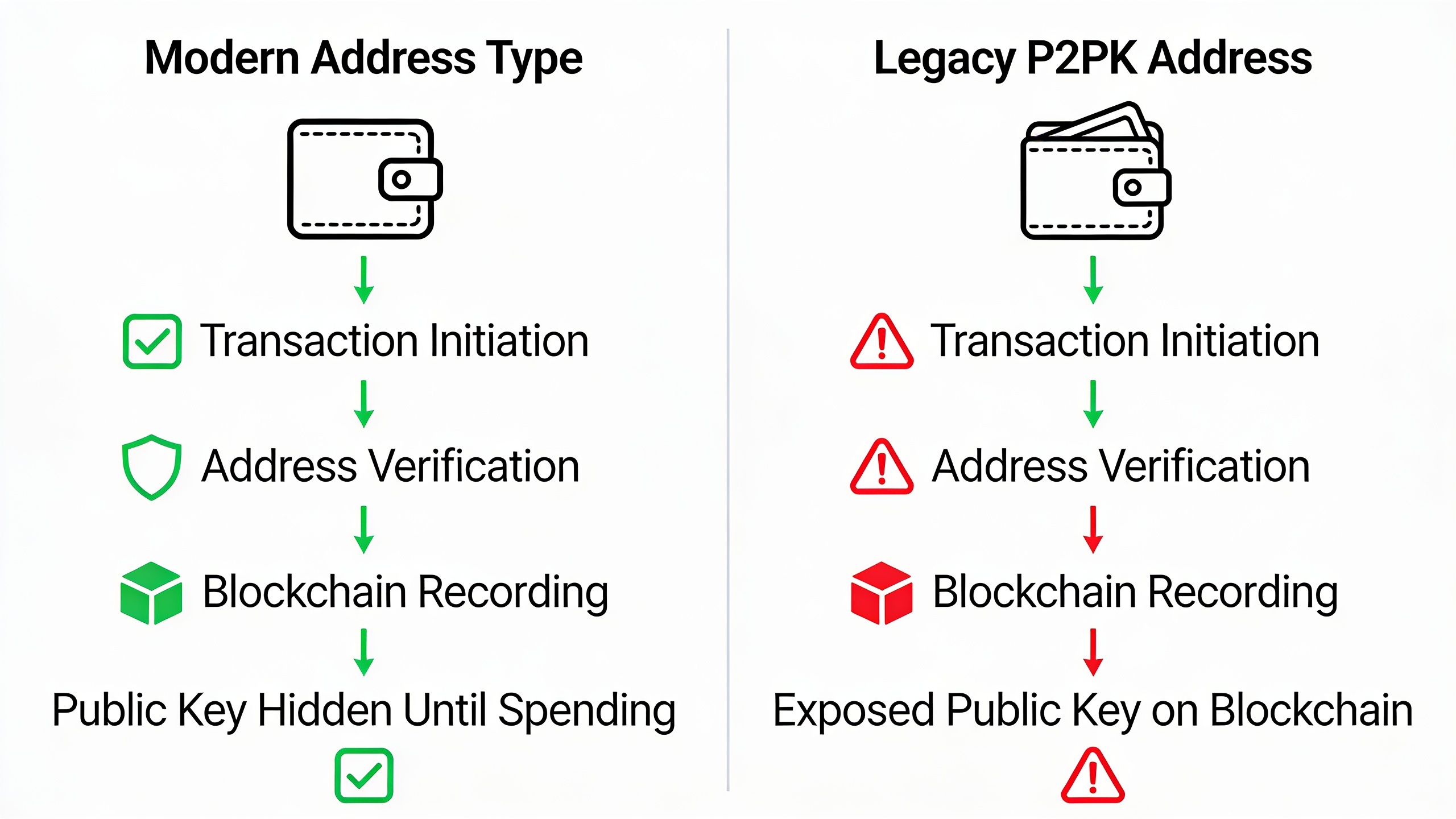 Bitcoin address types comparison: modern addresses with hidden public keys versus legacy P2PK addresses with exposed keys