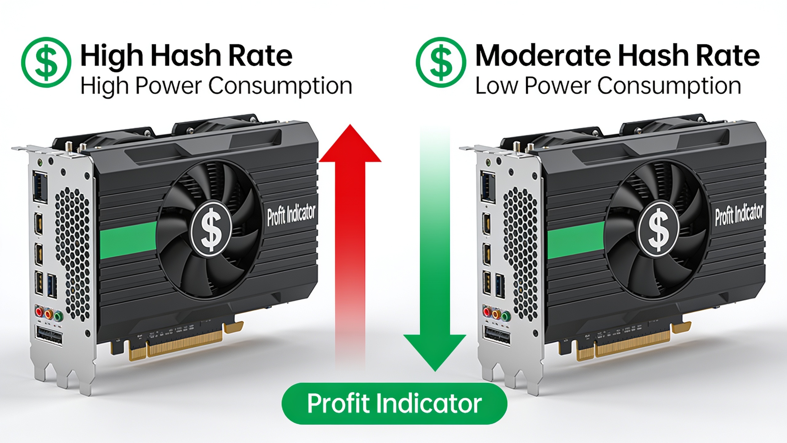 Comparison infographic showing how efficiency beats raw hash rate in mining profitability
