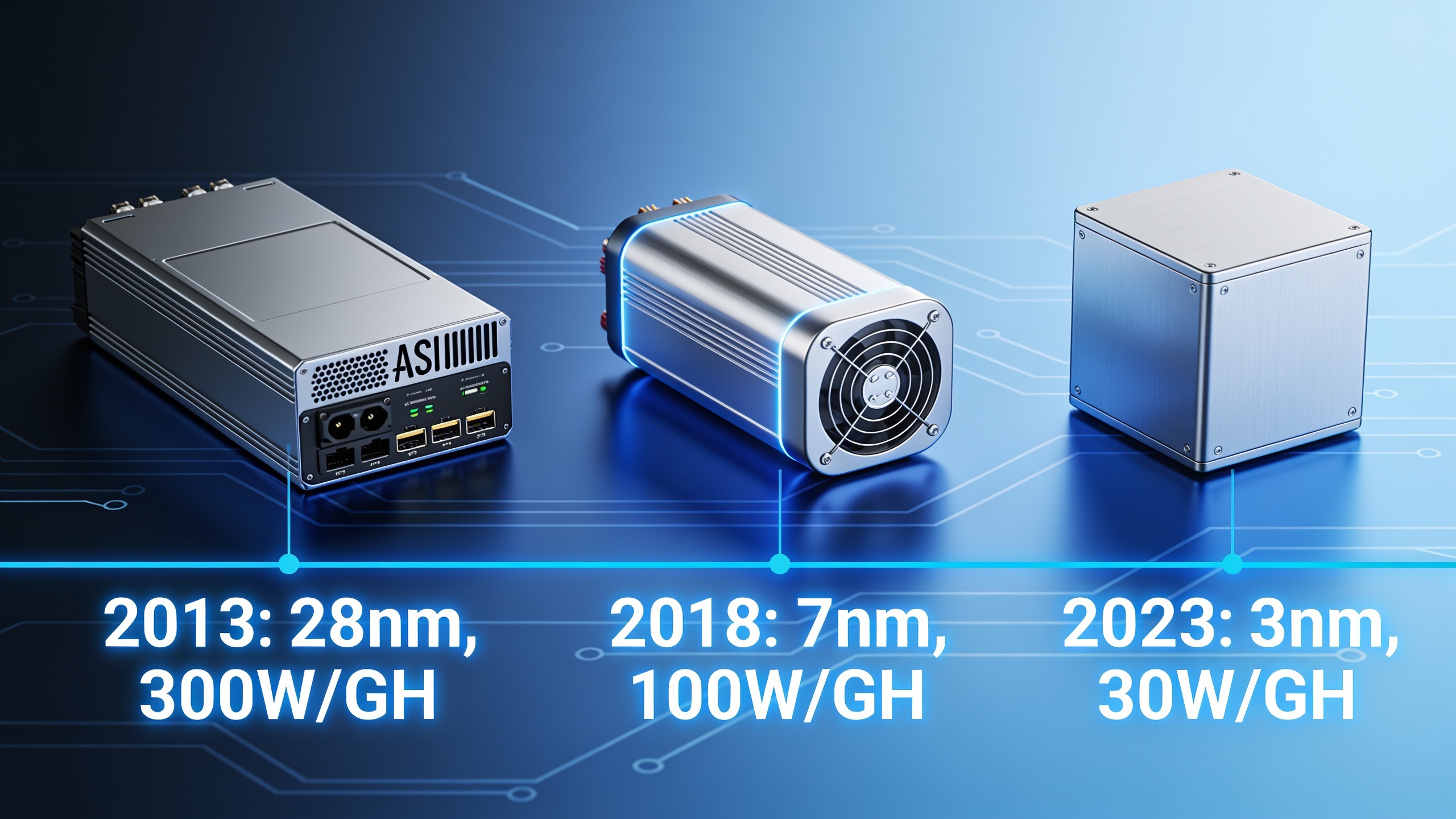 Timeline illustration showing the evolution of Bitcoin ASIC miner generations with improving efficiency metrics