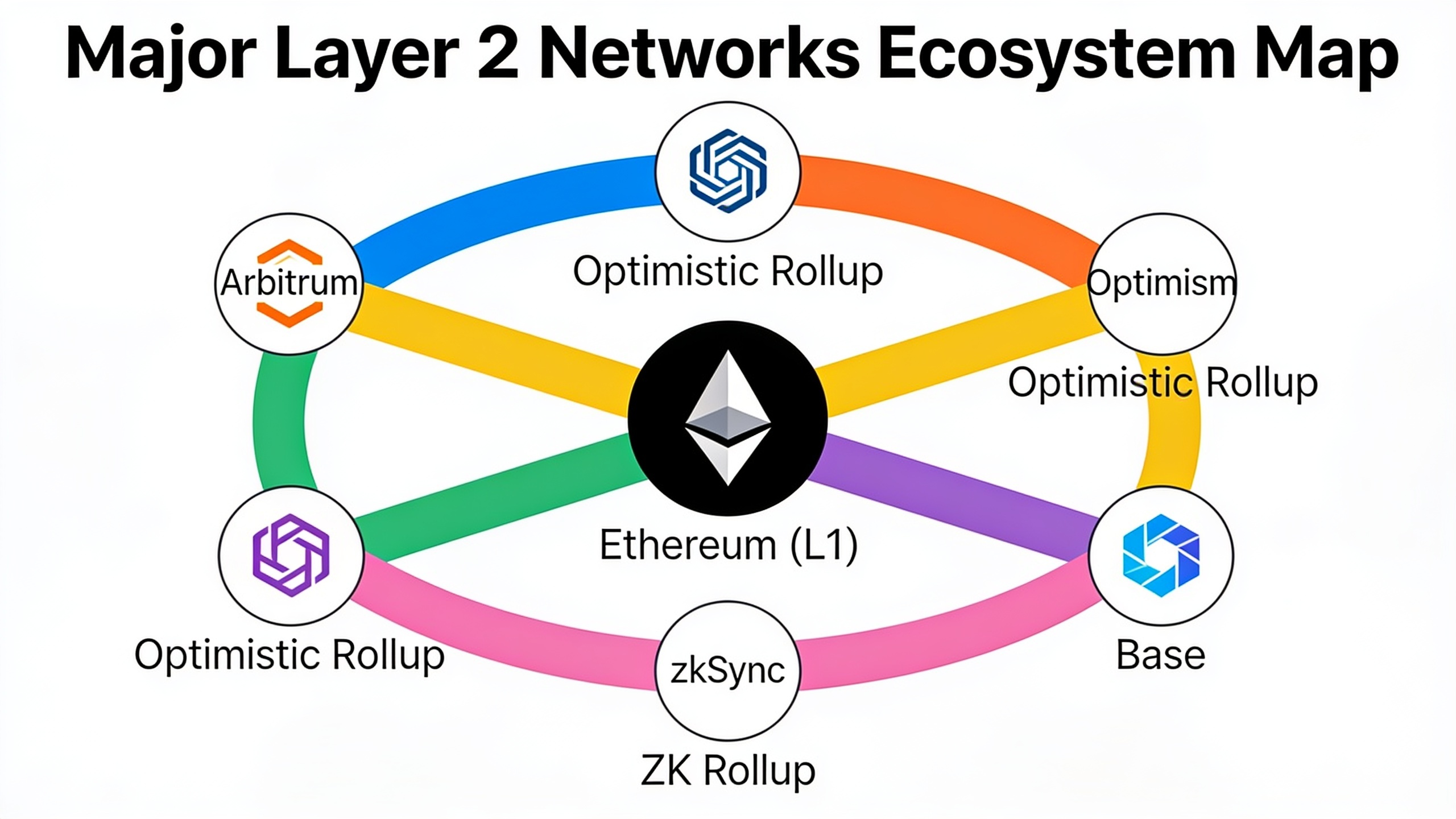 Ecosystem map of leading layer 2 networks showing Arbitrum, Optimism, Base, zkSync, Starknet, and Polygon connected to Ethereum