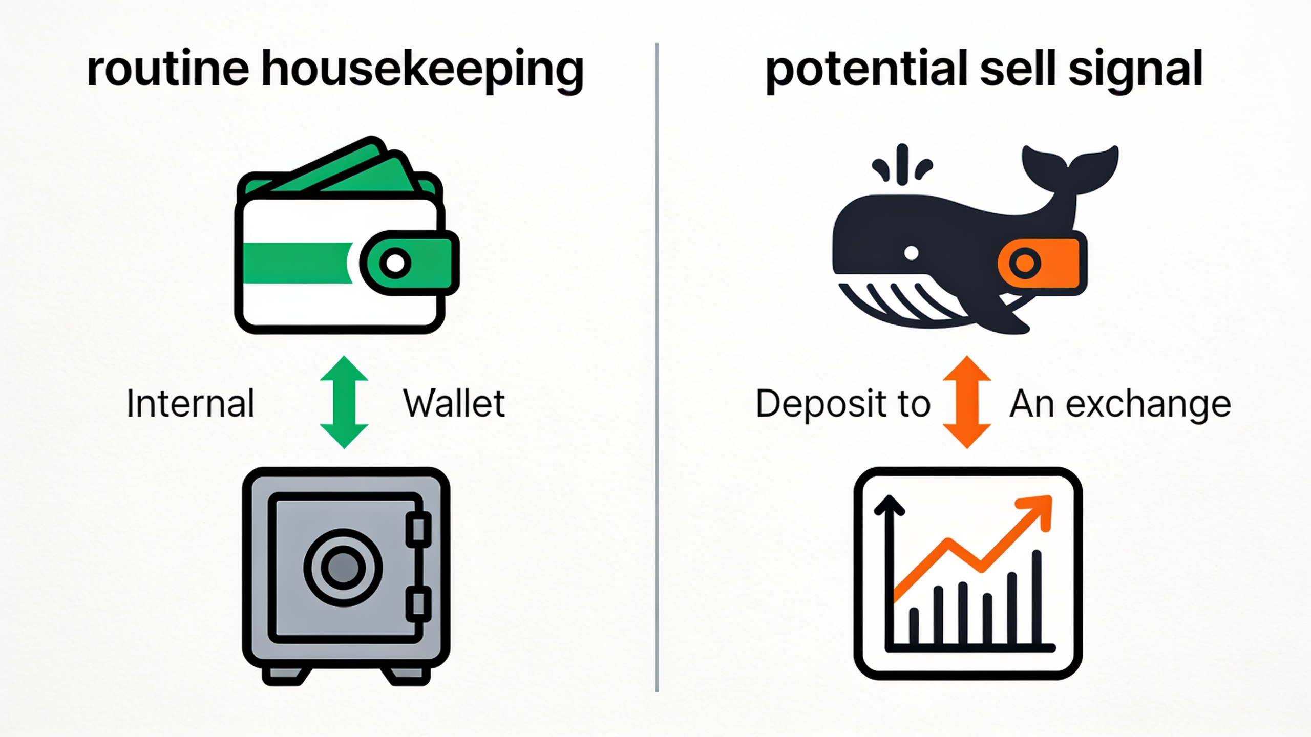 Side-by-side comparison infographic of exchange wallet transfers versus whale deposit transactions showing how they look identical on-chain