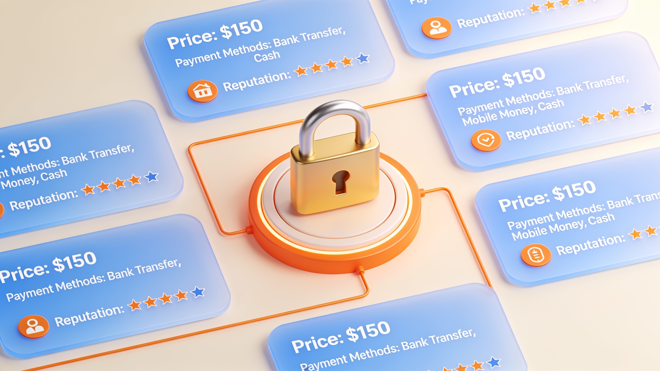 P2P marketplace interface showing multiple sellers with different prices, payment methods, and reputation scores