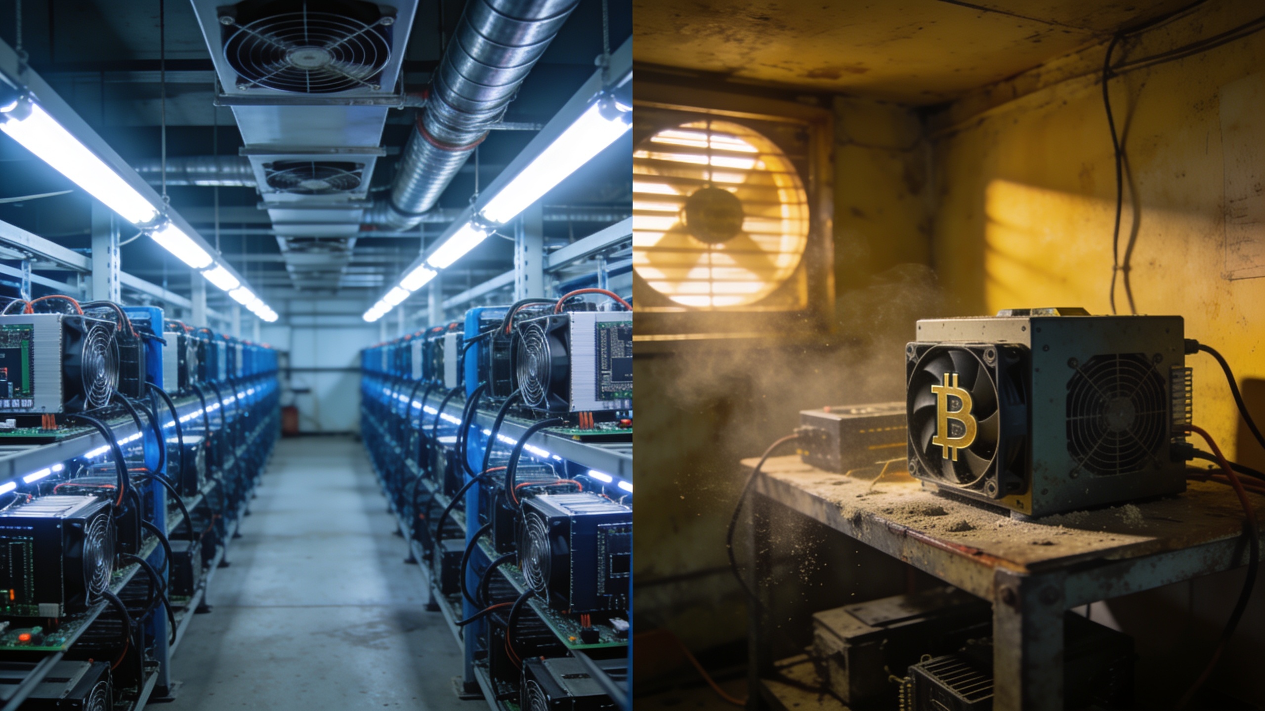 Comparison between efficient large-scale Bitcoin mining operation and outdated small-scale mining setup showing the difference in profitability after halving