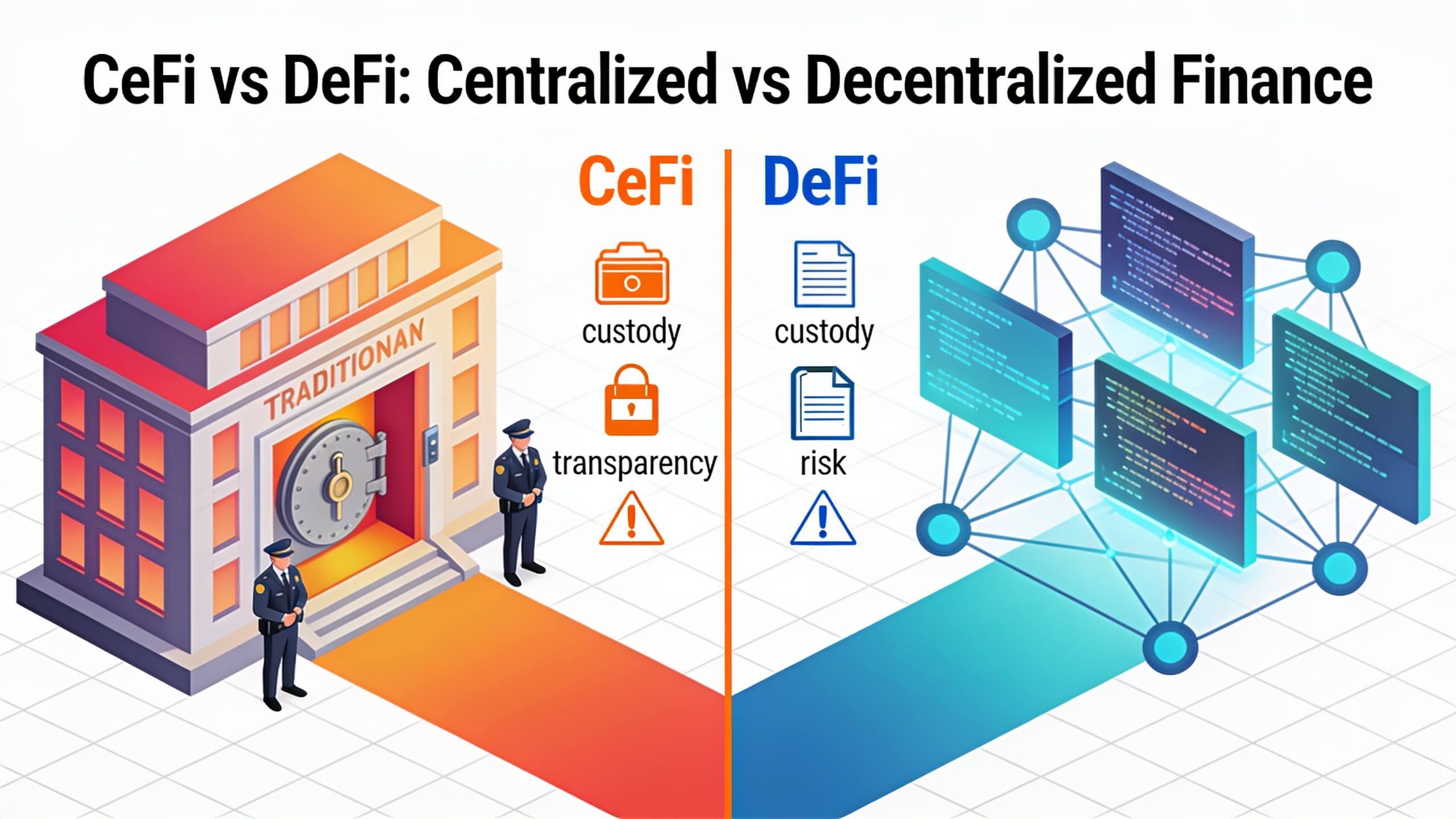 Visual comparison between centralized finance platforms and decentralized finance protocols showing custody and risk differences