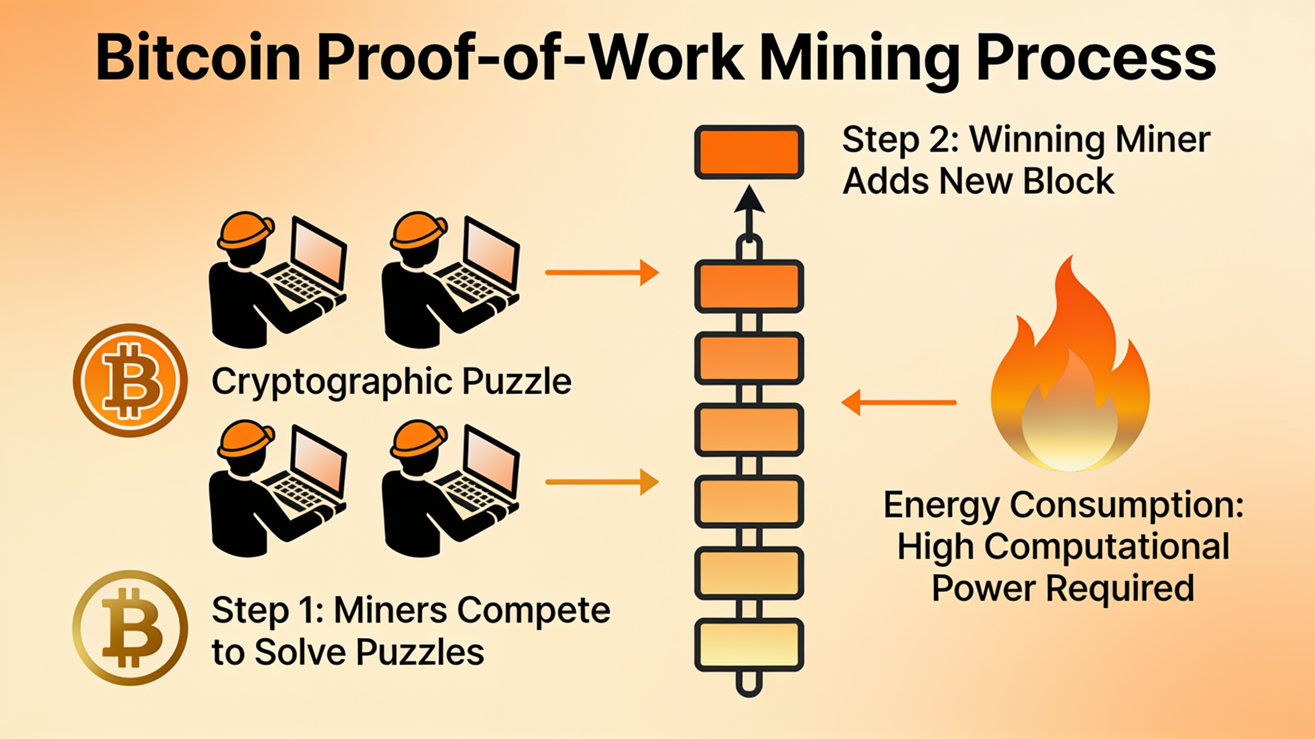 Bitcoin Proof-of-Work mining process showing miners solving cryptographic puzzles and adding blocks to the blockchain