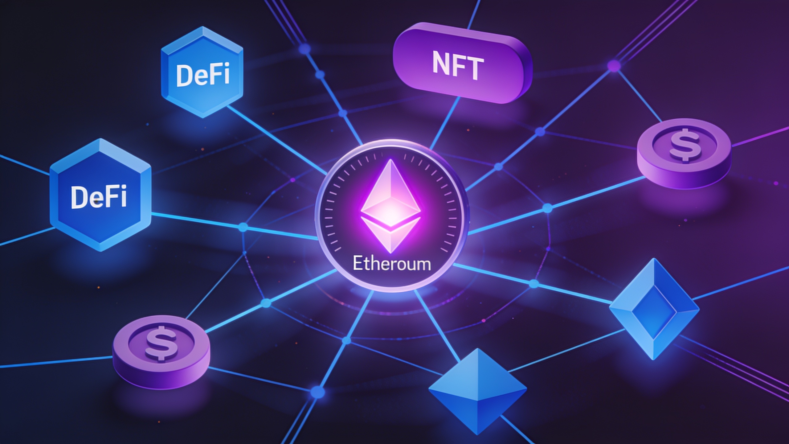 Ethereum ecosystem visualization showing DeFi, NFTs, smart contracts, and various decentralized applications connected to the network