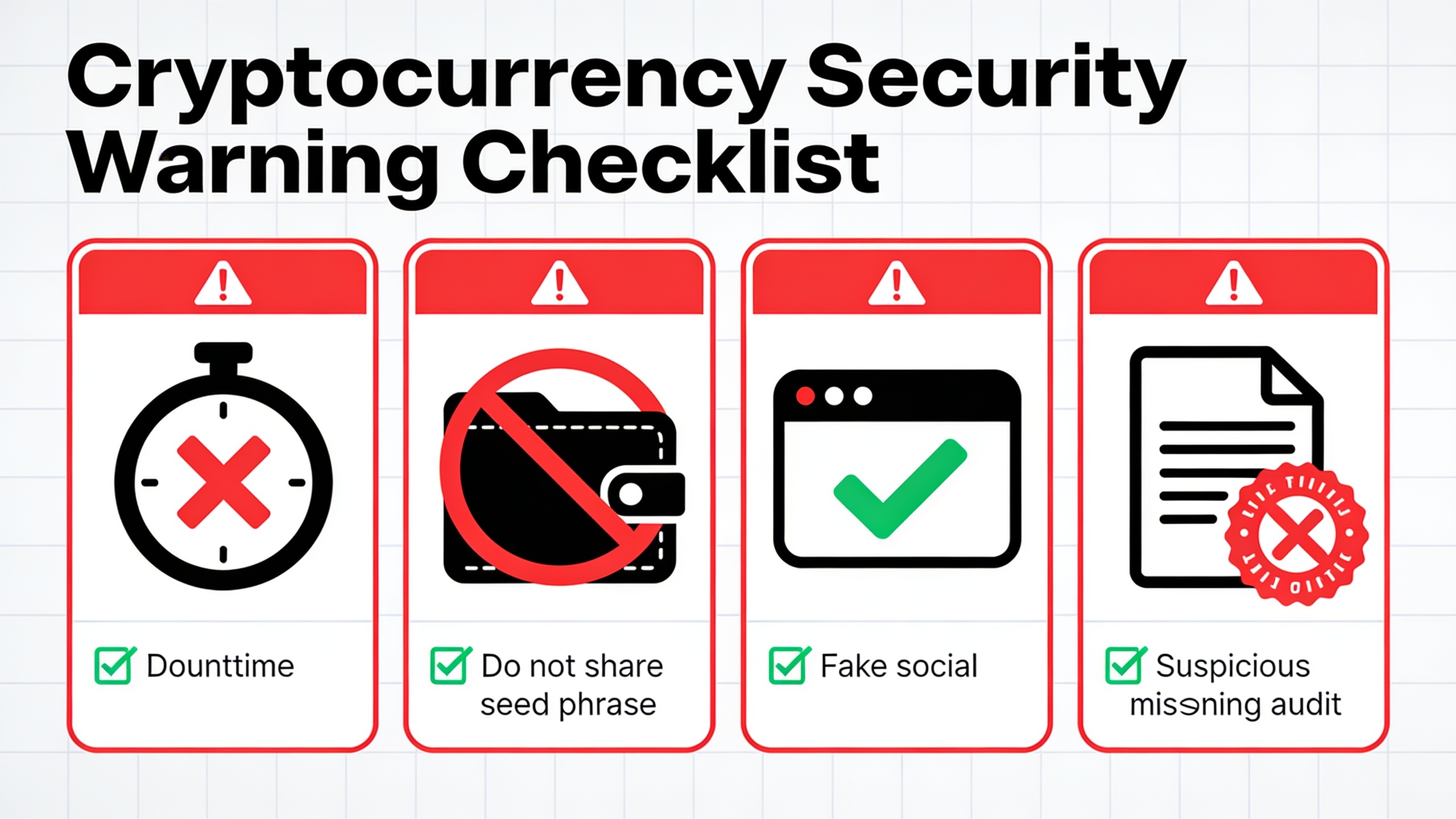 Visual checklist of crypto airdrop scam warning signs including fake timers, seed phrase requests, and unverified accounts