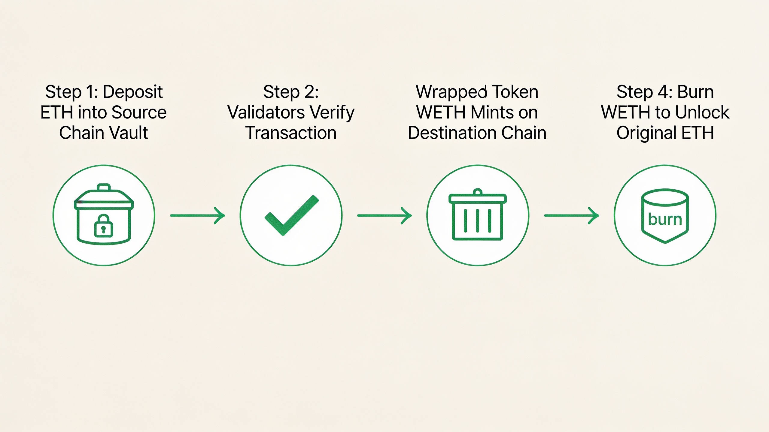 Four-step lock-and-mint bridge process: deposit, verify, mint, and burn-and-release