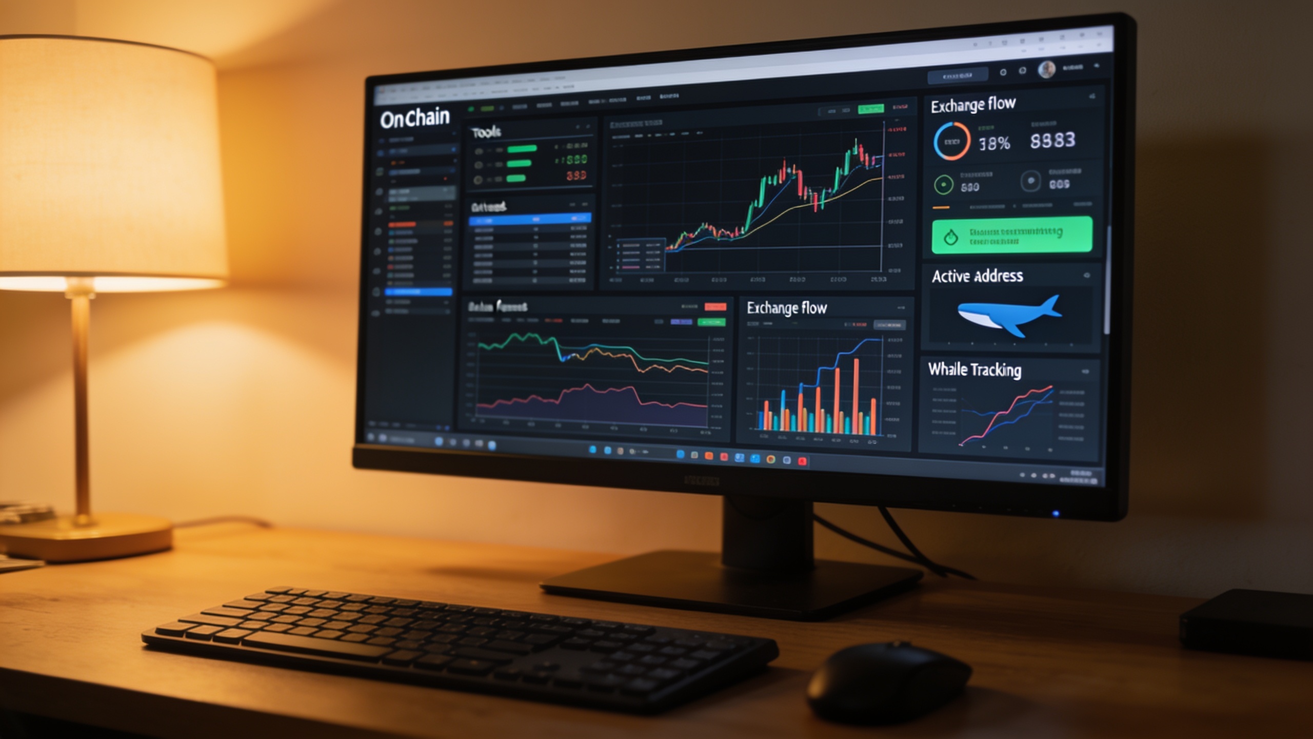Multi-panel on-chain analytics dashboard displayed on a computer monitor in a professional trading setup