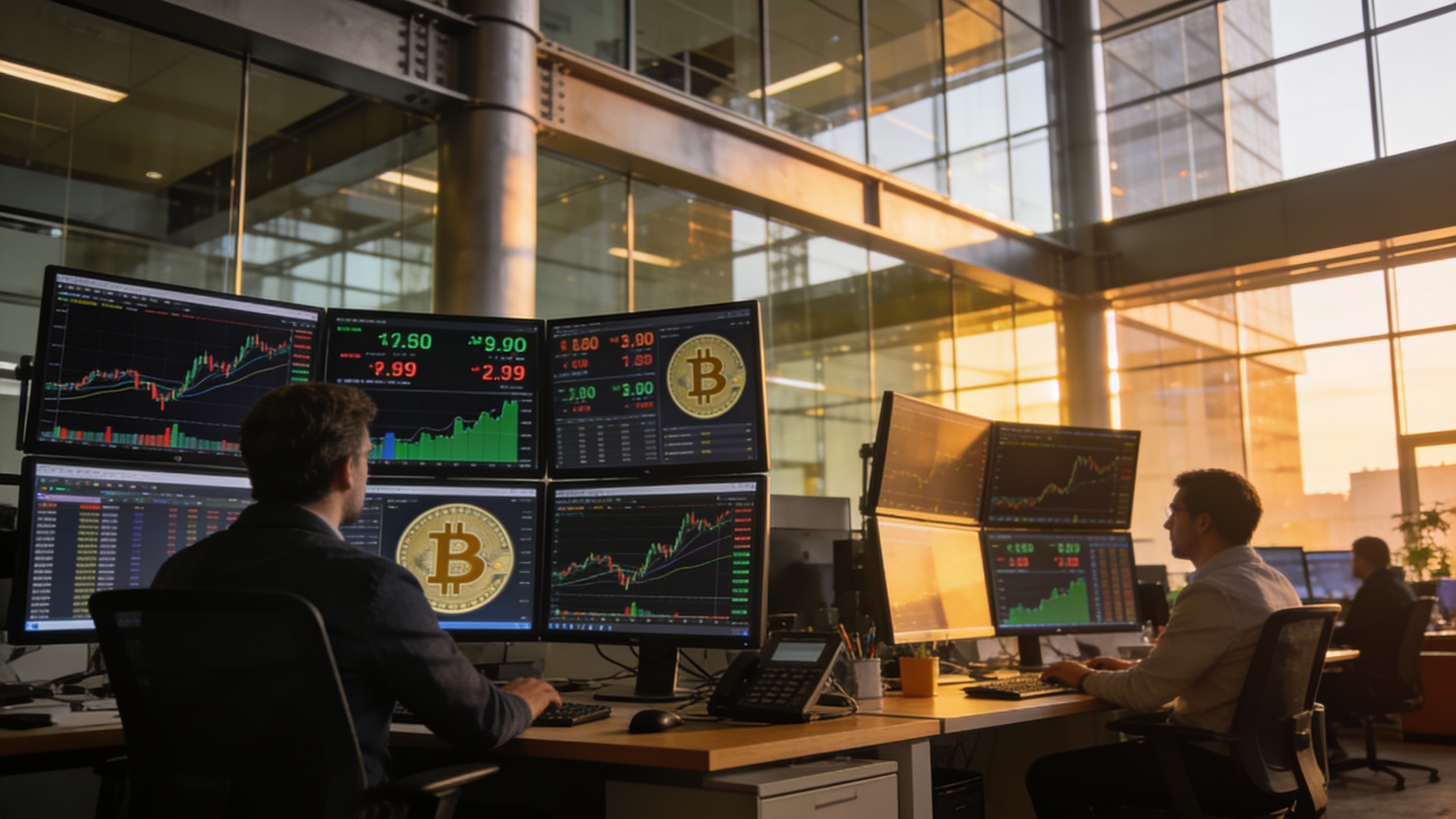 Institutional traders monitoring cryptocurrency markets on trading floor with multiple displays showing Bitcoin and Ethereum data