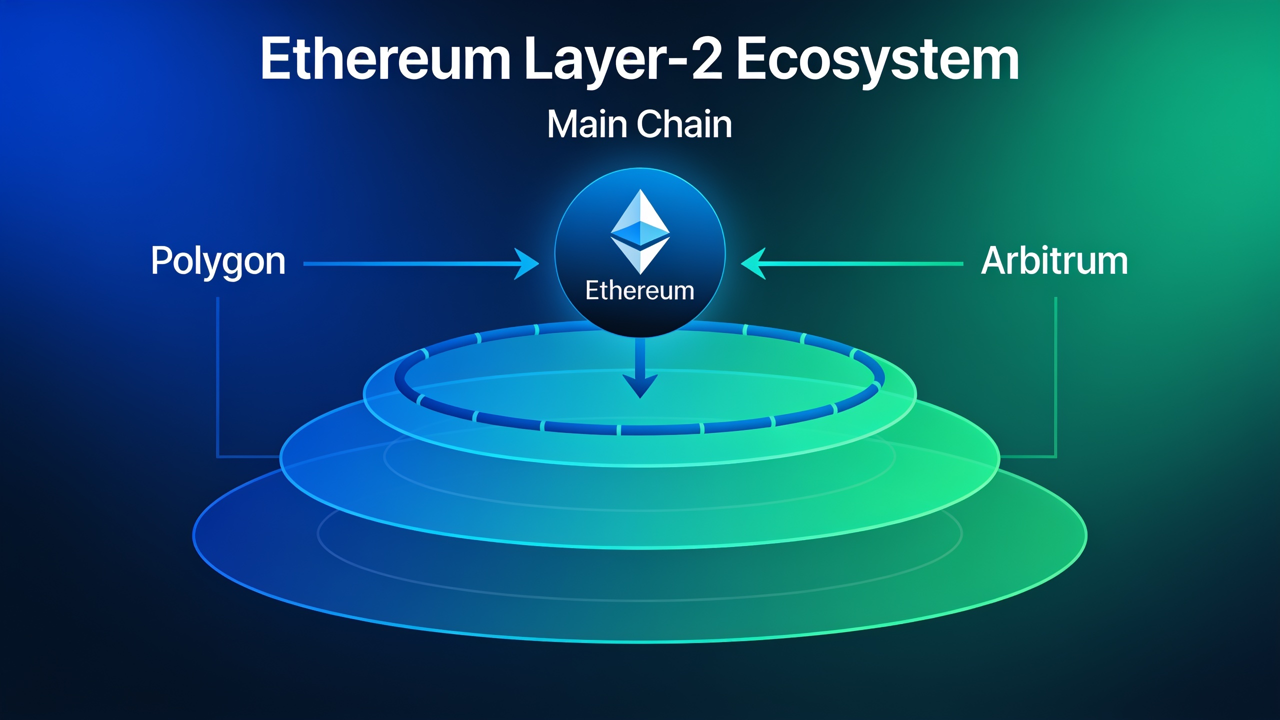Layer-2 scaling solutions architecture diagram showing Ethereum main chain with Polygon and Arbitrum layer-2 networks