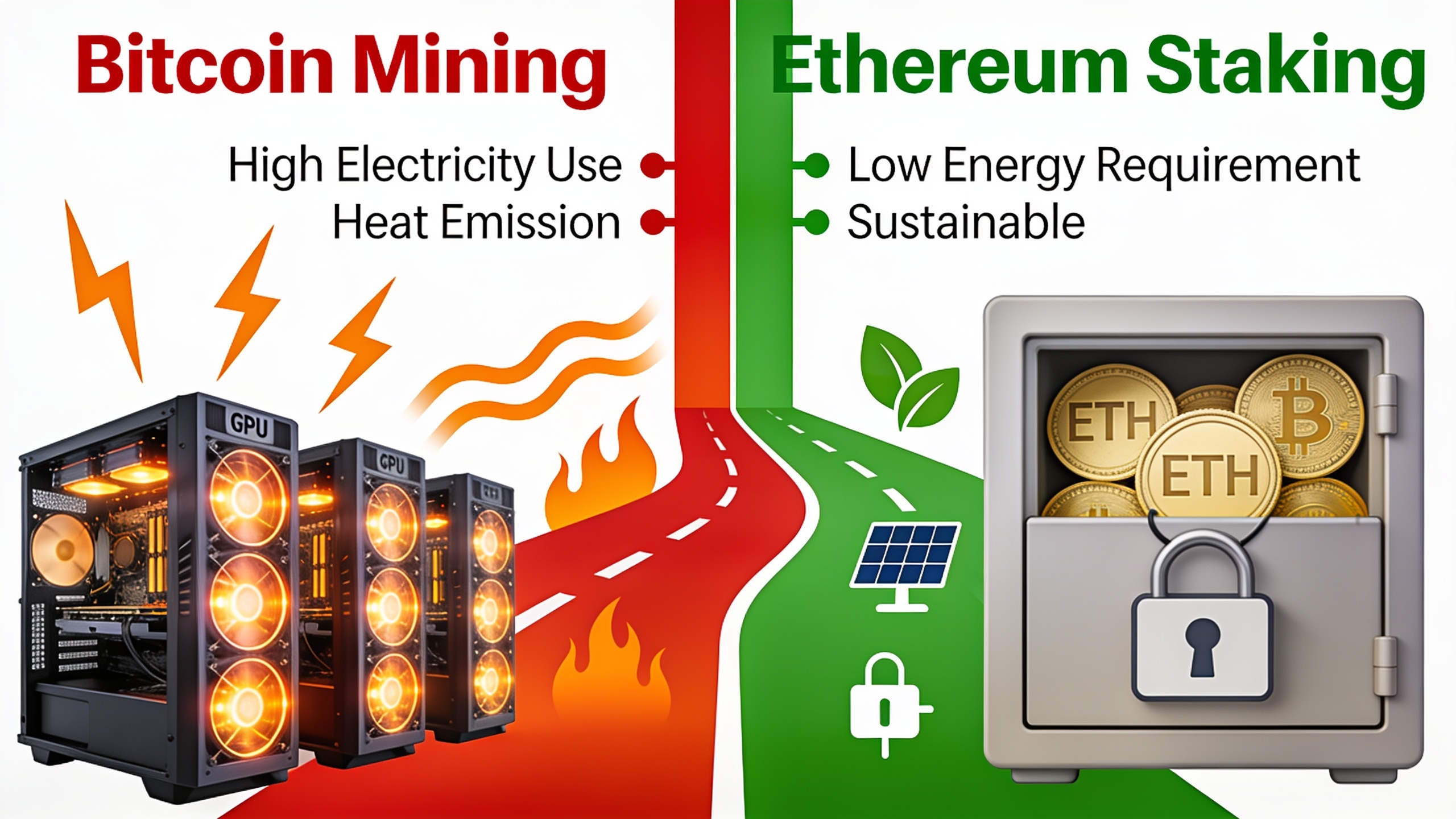 Comparison infographic of Bitcoin mining versus Ethereum staking showing energy consumption differences