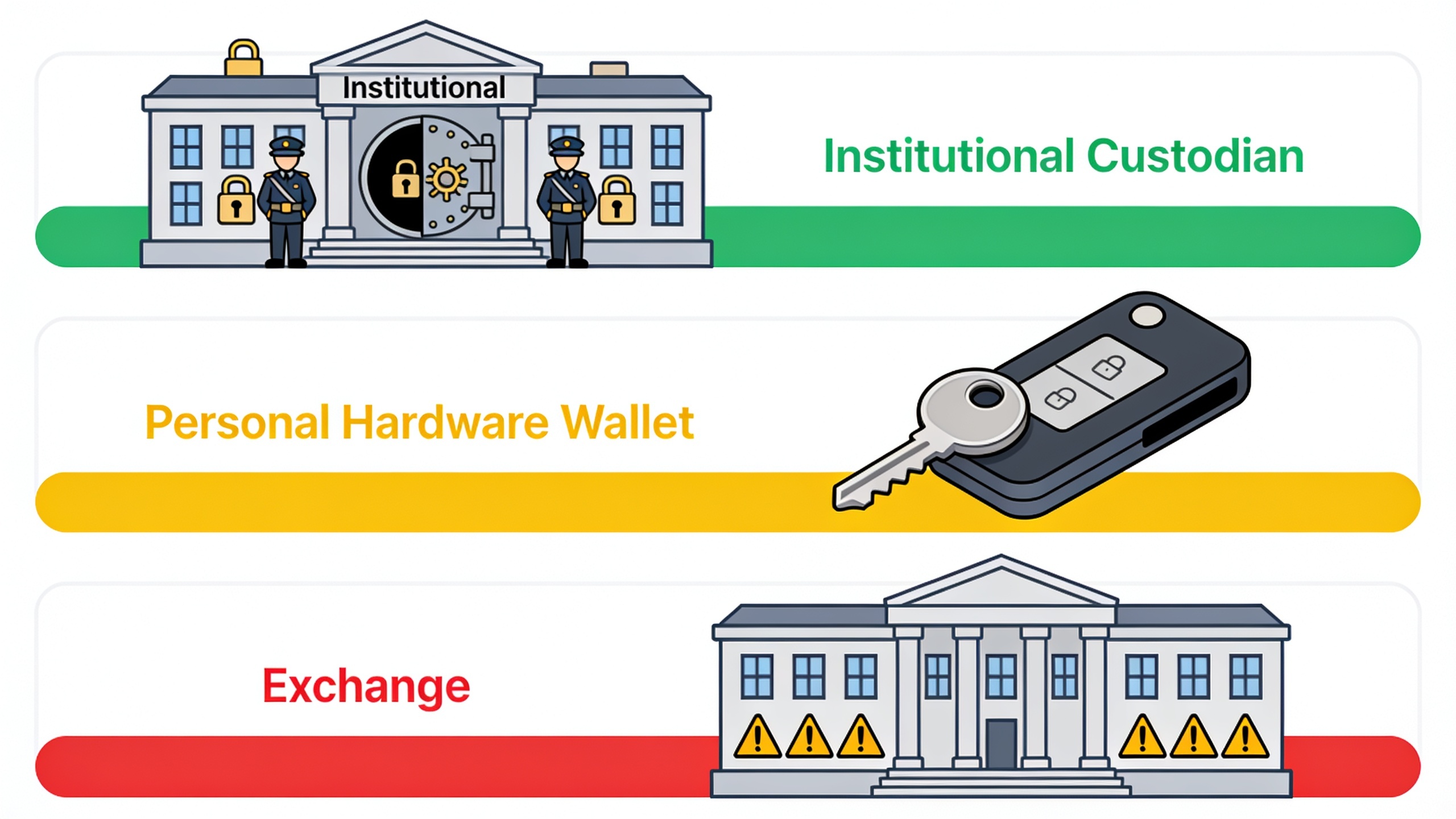 Custody risk comparison showing institutional custodian security, personal hardware wallet responsibility, and exchange counterparty risk